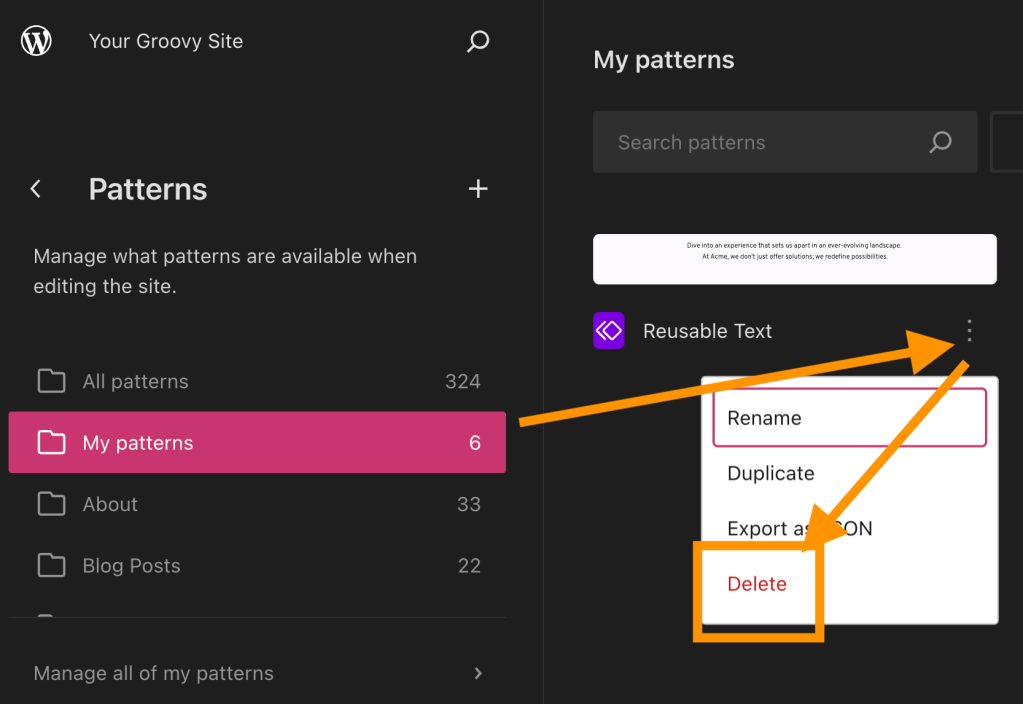 My patterns is selected, and an arrow points to the three dots then the Delete button.