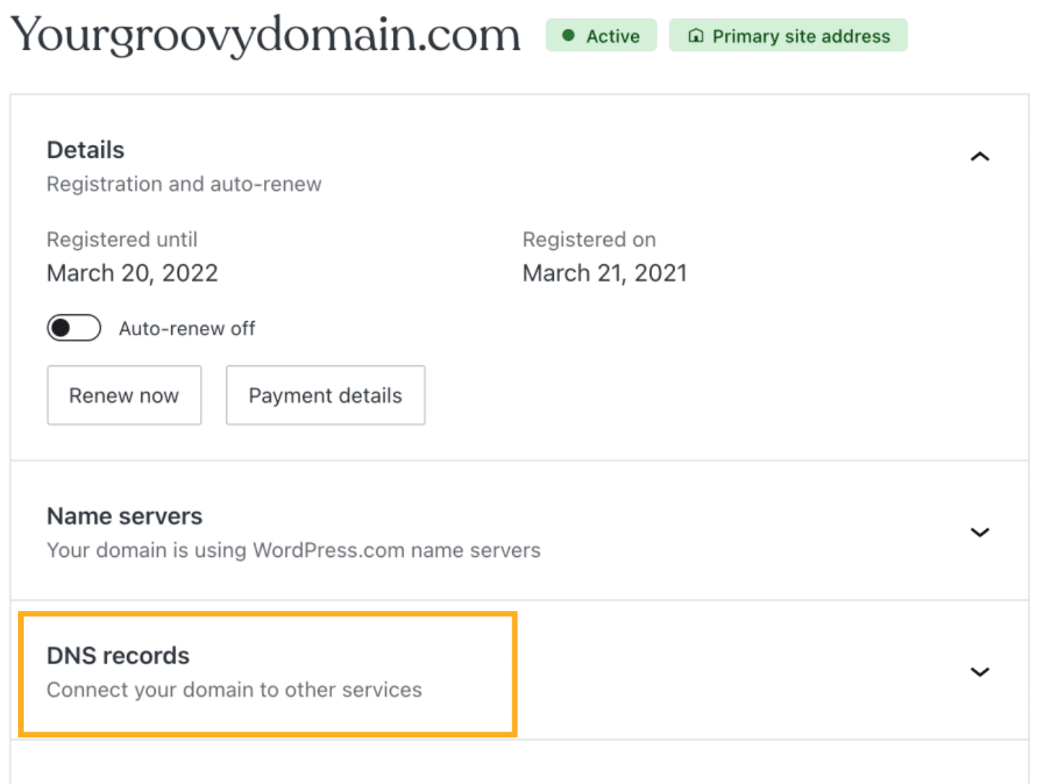 The domain settings screen shows a summary of the information about the site domain, including registration date, auto-renewal state, and expandable components for name servers, DNS records, contact information, and domain security.