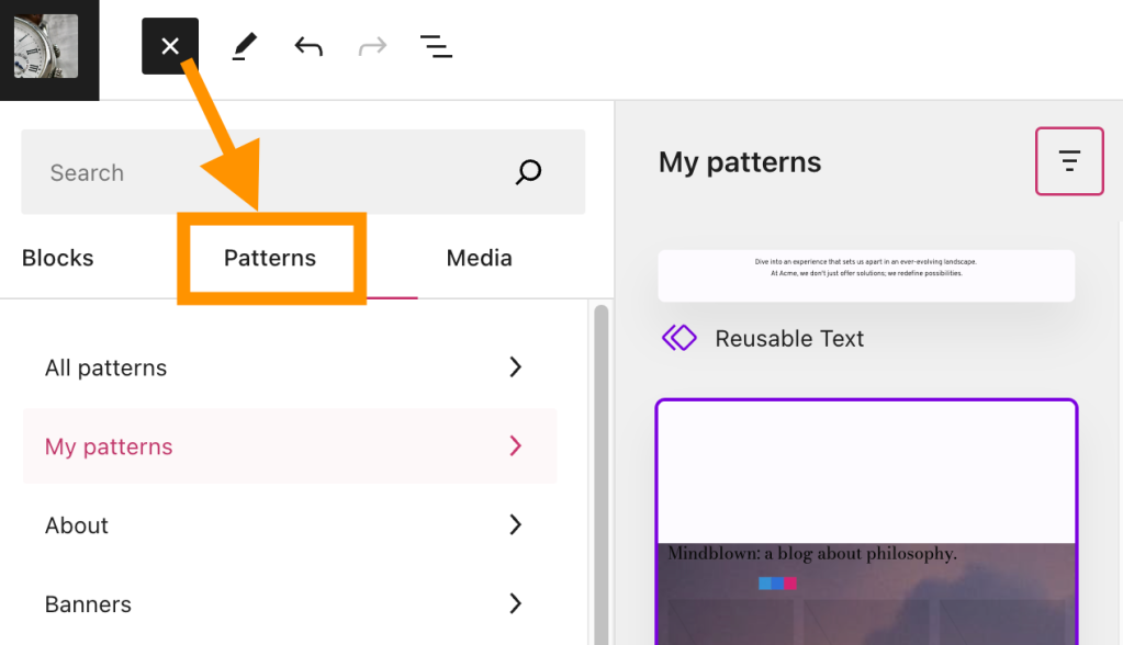 After clicking the block inserter, patterns is marked with an arrow pointing to the tab.