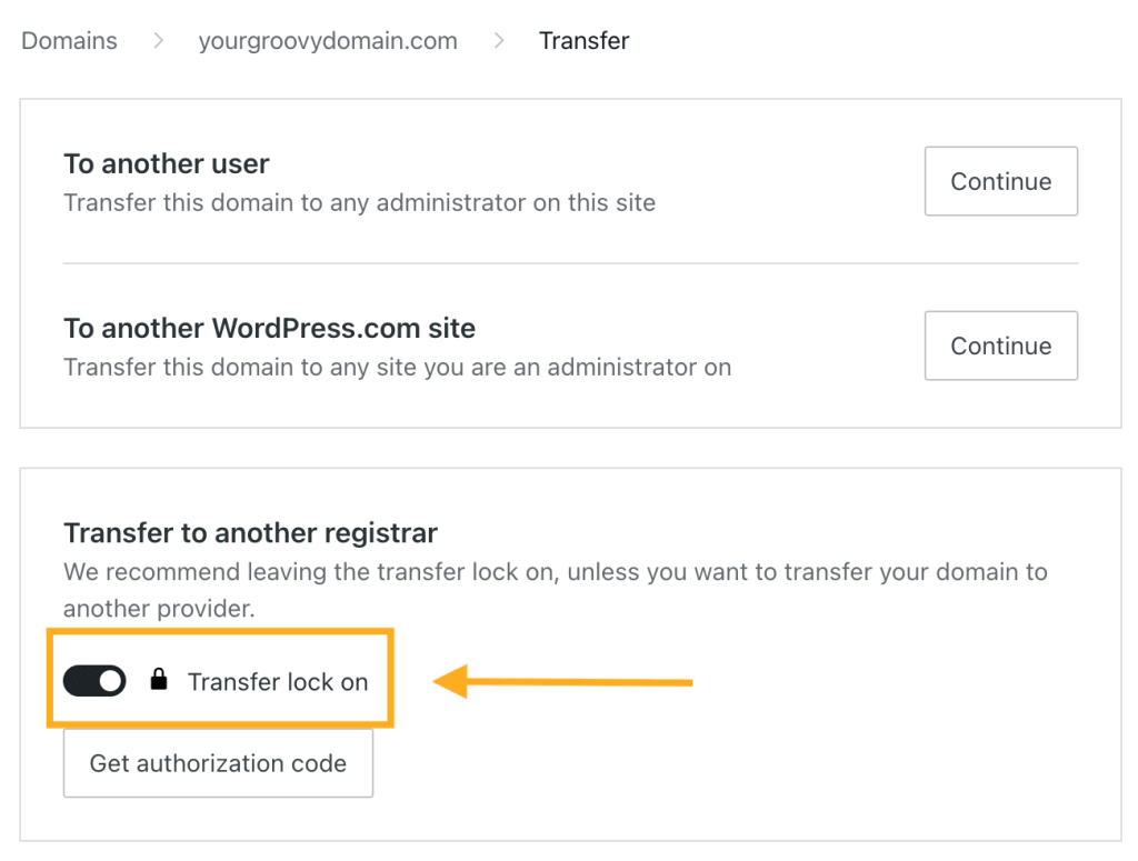 The Transfer Domain screen showing options to transfer the domain to another registrar.