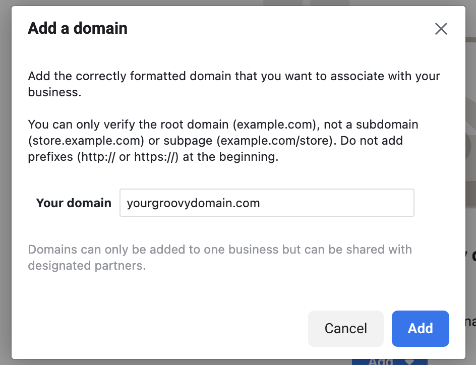 A domain is typed into the "Your domain" box on Facebook.