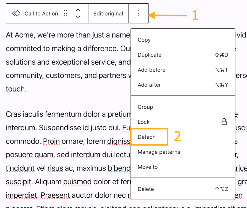 An arrow points to the ellipses in the block toolbar, and the Detach option is highlighted.