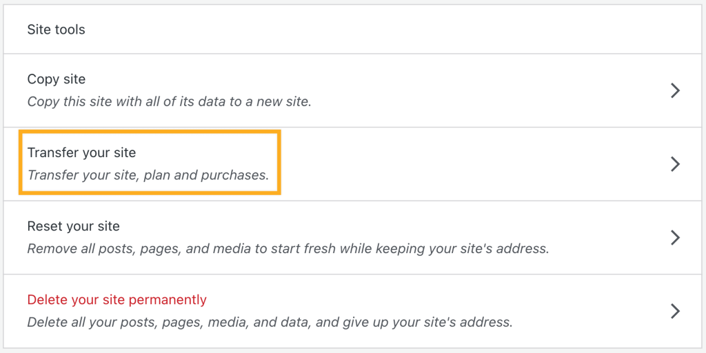 A box drawn around the section in "Site Tools" that states "Transfer your site".