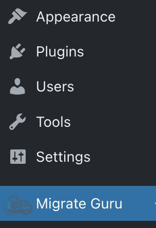 Migrate Guru se muestra en las opciones del escritorio de WP-Admin, en Ajustes.