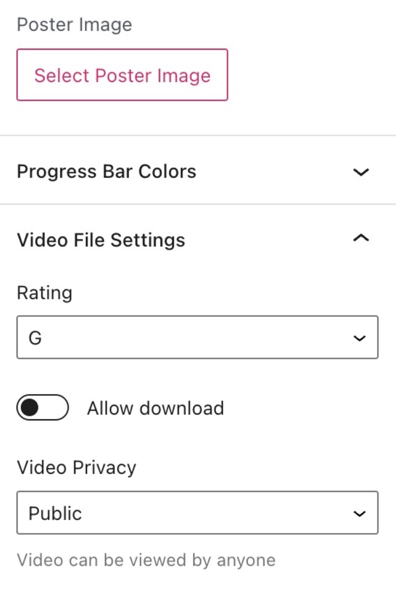 Video block settings: Poster Image, Progress Bar Colors, Video File Settings.