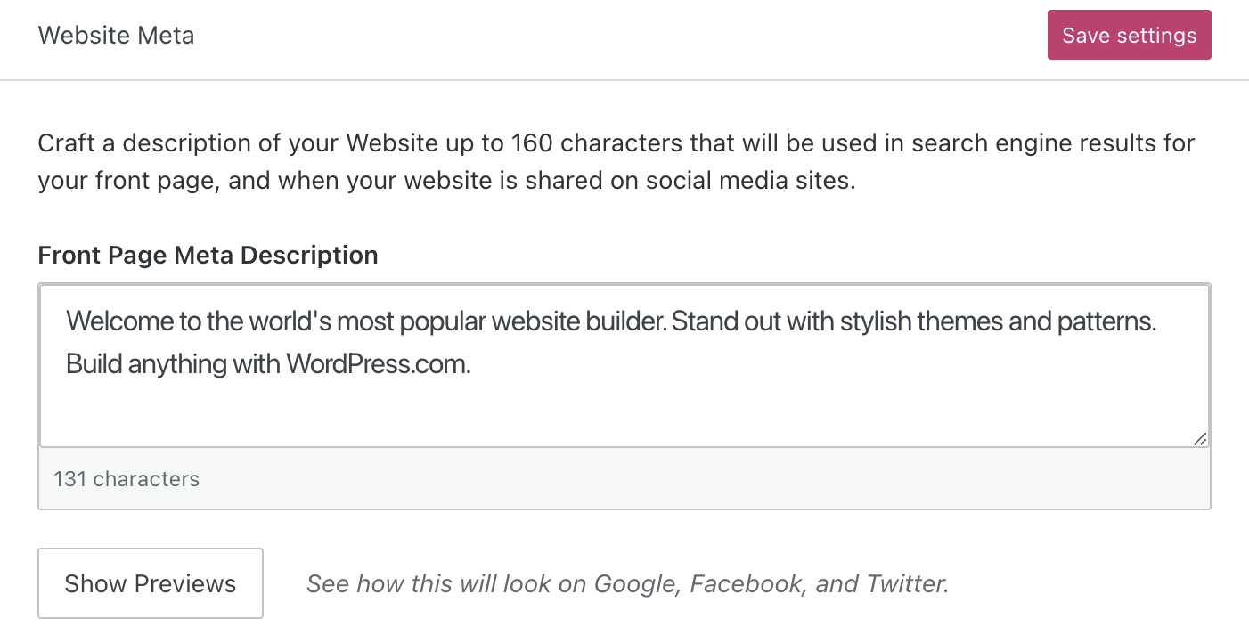 The Front Page Meta Description box is shown, with an example description typed in the text box.