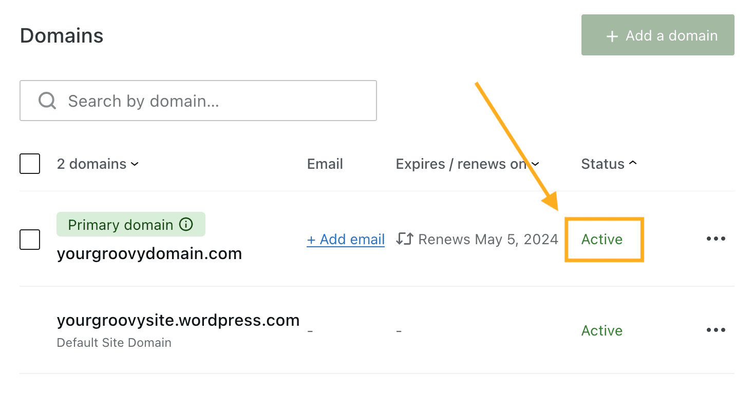 An arrow points to the domain status showing 'active'.