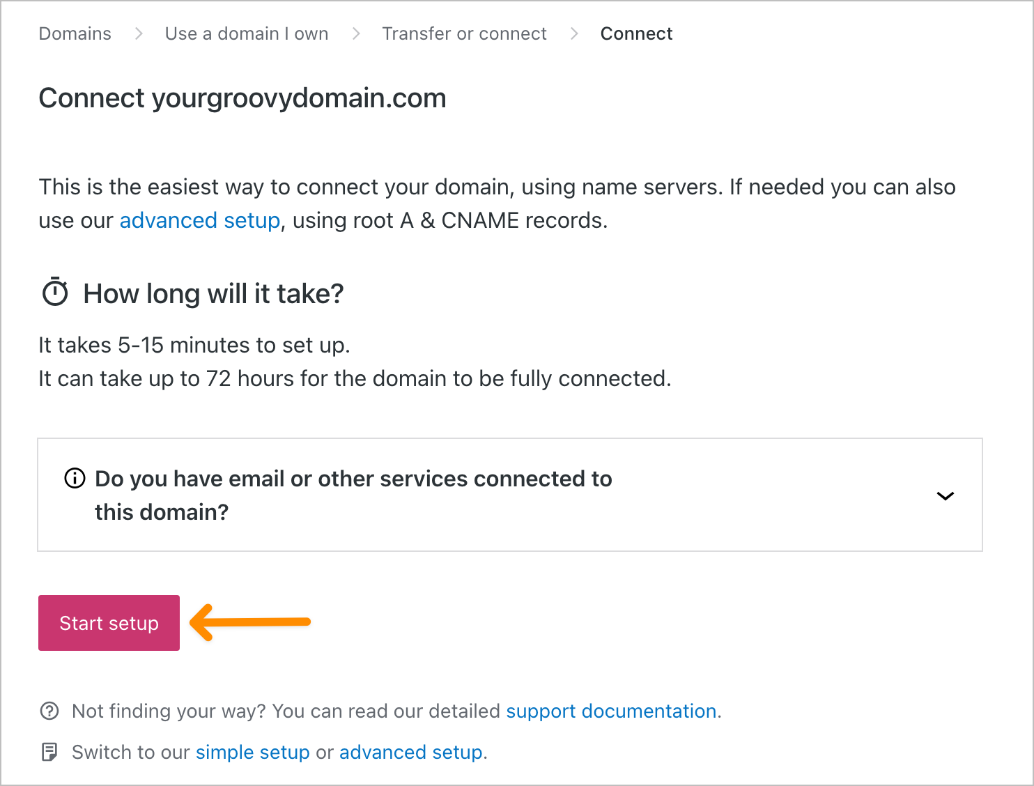 Screenshot showing the "Start setup" button for manual domain connection.