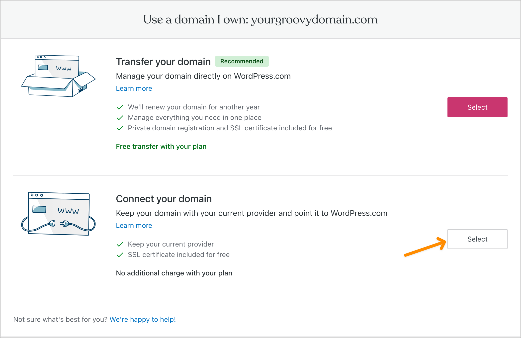 Screenshot with the domain connection option highlighted.