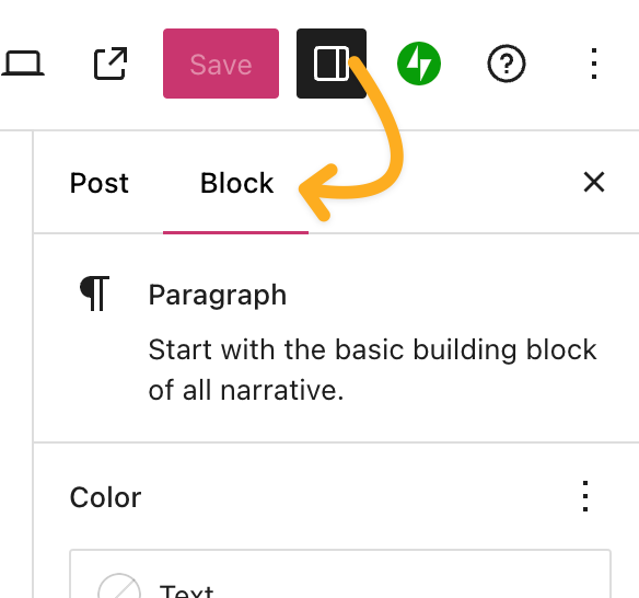 An arrow drawn from the settings icon in the top menu to the Block tab in the sidebar.