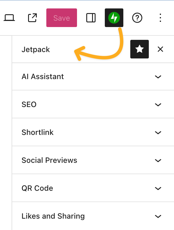 An arrow drawn from the settings icon in the top menu to the Jetpack tab in the sidebar.