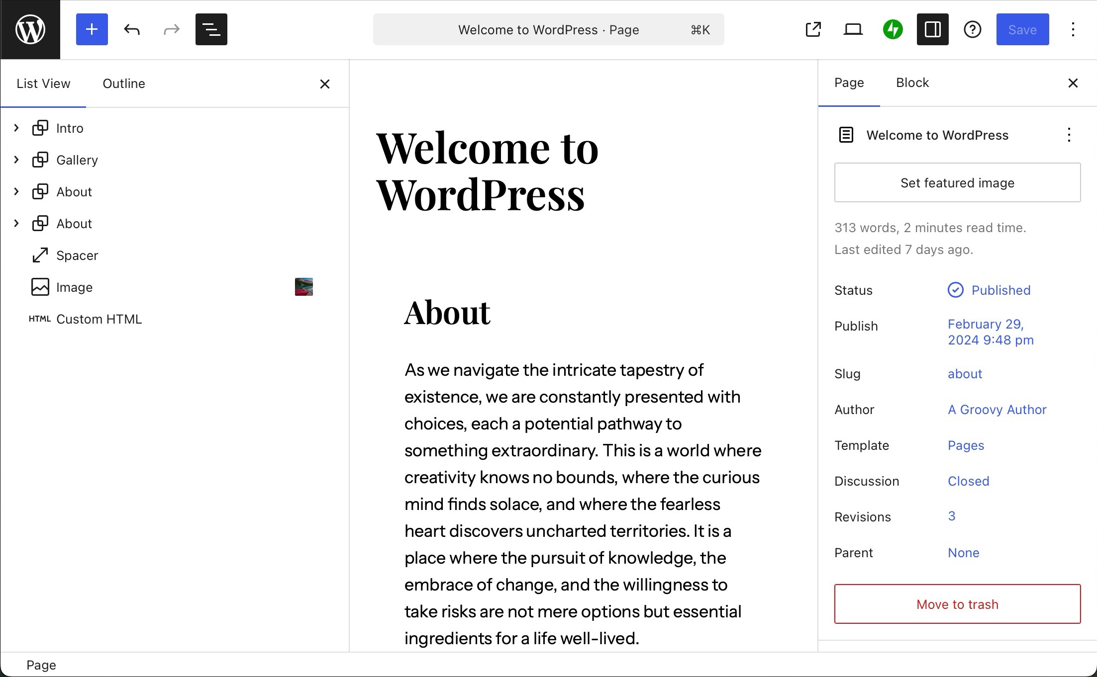 The WordPress Editor with List view and Sidebar Settings open.