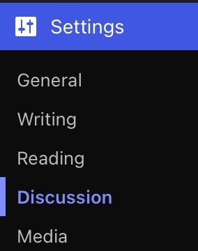 The "Settings" menu expanded with "Discussion" highlighted.