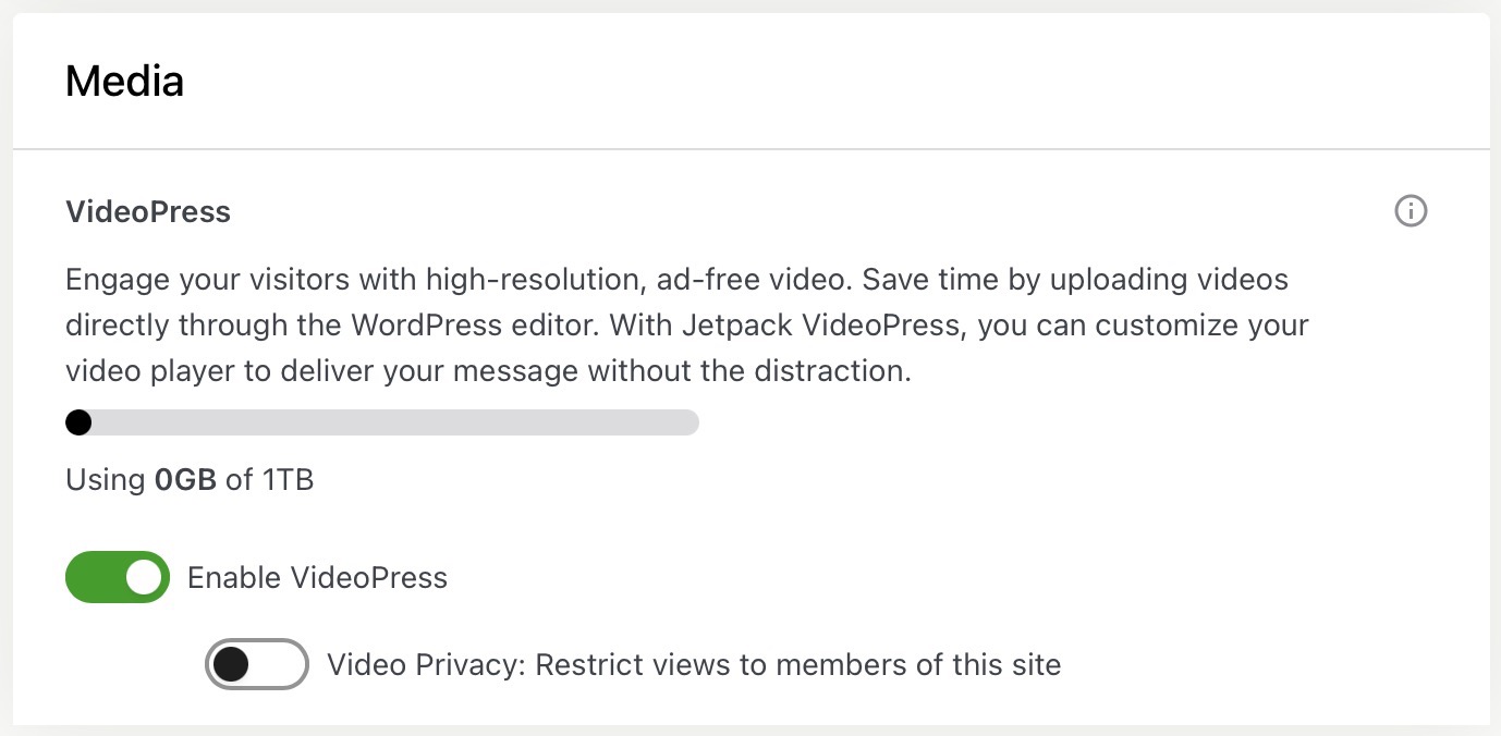 Media section, showing the Video Hosting toggle and how much storage space is used on the site.