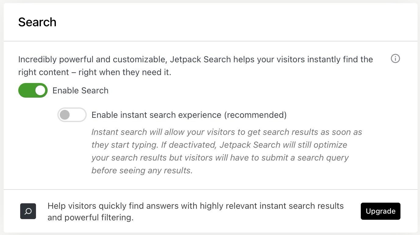 The "Search" option enabled in Jetpack's Performance tab.