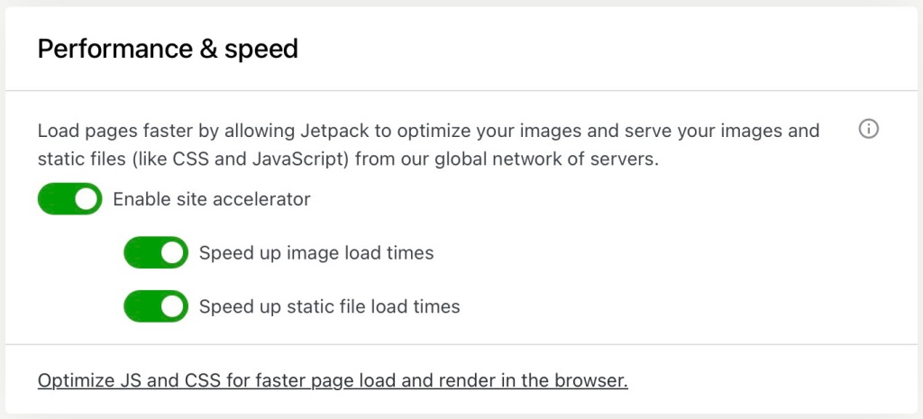 The "Performance & speed" section of Jetpack Performance settings.