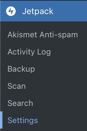 The "Jetpack" menu expanded with "Settings" highlighted.