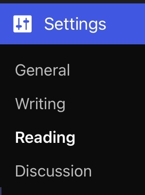 Under "Settings", the "Reading" menu option is highlighted.