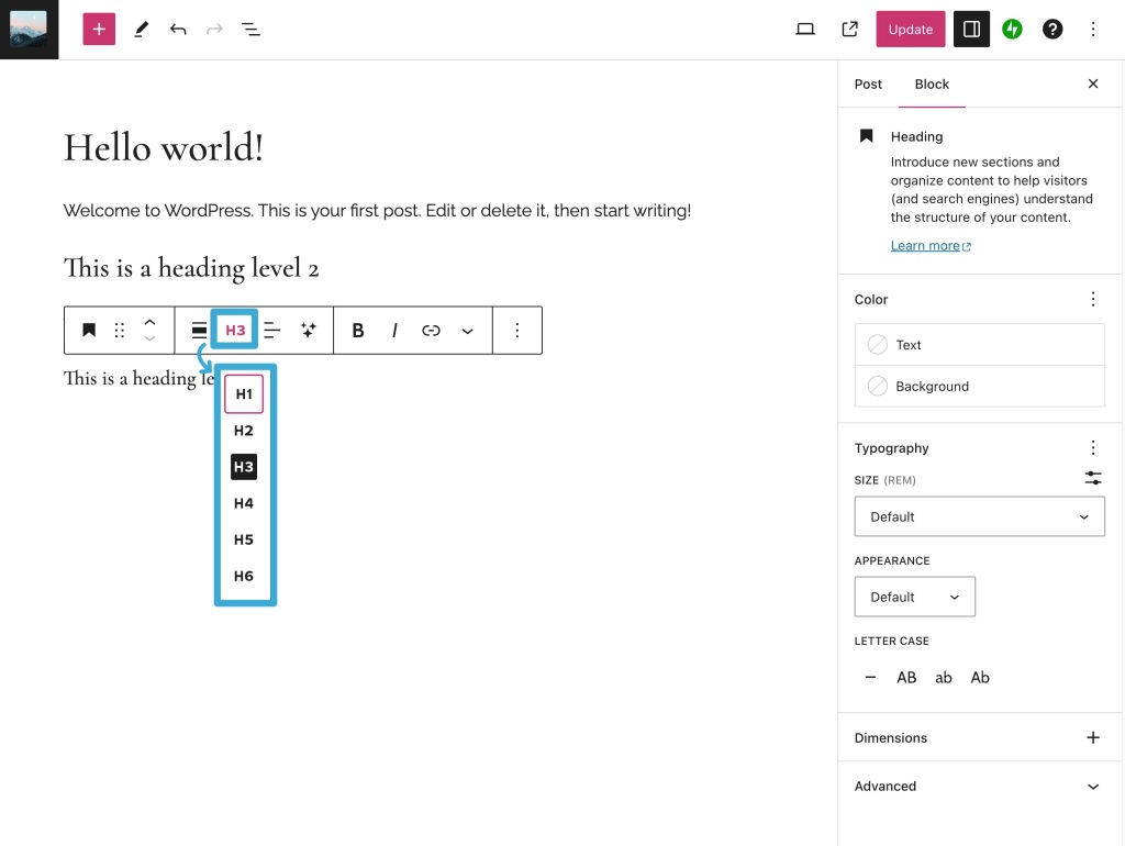 Example of WordPress editor toolbar heading level options