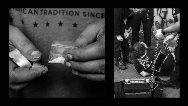 Hands holding cocaine and a man laying on the ground being helped