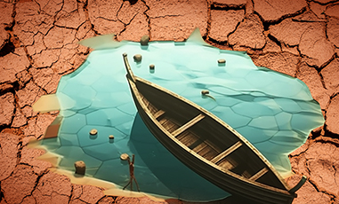 Shows an abandoned row boat in a puddle surrounded by dry, cracked earth