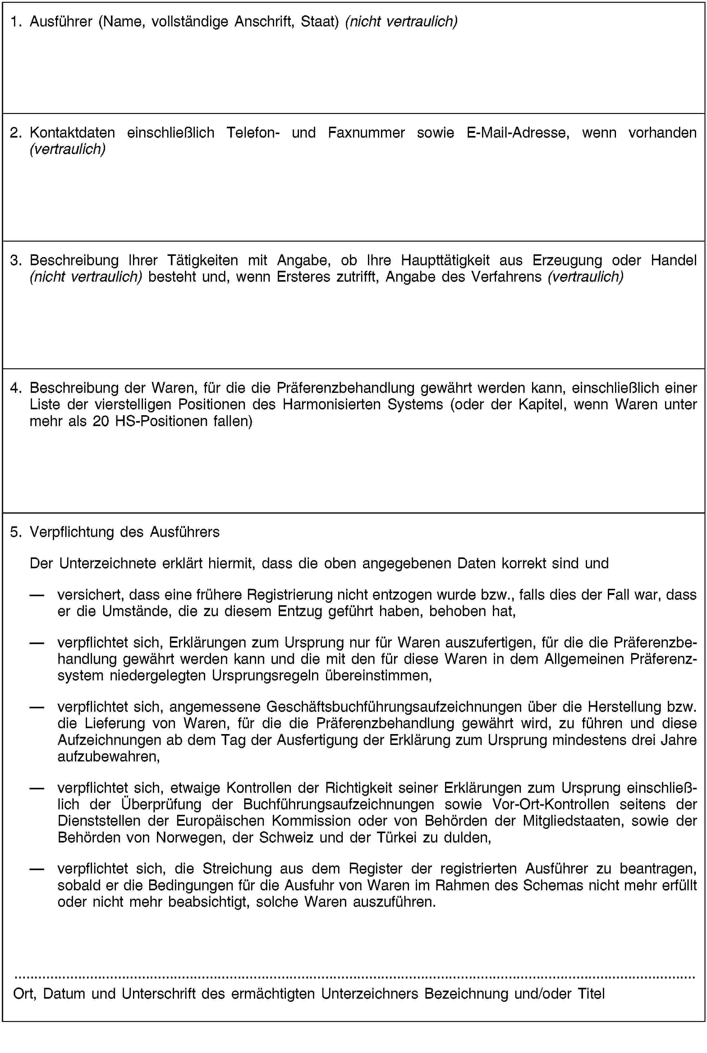 1. Ausführer (Name, vollständige Anschrift, Staat) (nicht vertraulich)2. Kontaktdaten einschließlich Telefon- und Faxnummer sowie E-Mail-Adresse, wenn vorhanden (vertraulich)3. Beschreibung Ihrer Tätigkeiten mit Angabe, ob Ihre Haupttätigkeit aus Erzeugung oder Handel (nicht vertraulich) besteht und, wenn Ersteres zutrifft, Angabe des Verfahrens (vertraulich)4. Beschreibung der Waren, für die die Präferenzbehandlung gewährt werden kann, einschließlich einer Liste der vierstelligen Positionen des Harmonisierten Systems (oder der Kapitel, wenn Waren unter mehr als 20 HS-Positionen fallen)5. Verpflichtung des AusführersDer Unterzeichnete erklärt hiermit, dass die oben angegebenen Daten korrekt sind und versichert, dass eine frühere Registrierung nicht entzogen wurde bzw., falls dies der Fall war, dass er die Umstände, die zu diesem Entzug geführt haben, behoben hat,verpflichtet sich, Erklärungen zum Ursprung nur für Waren auszufertigen, für die die Präferenzbehandlung gewährt werden kann und die mit den für diese Waren in dem Allgemeinen Präferenzsystem niedergelegten Ursprungsregeln übereinstimmen,verpflichtet sich, angemessene Geschäftsbuchführungsaufzeichnungen über die Herstellung bzw. die Lieferung von Waren, für die die Präferenzbehandlung gewährt wird, zu führen und diese Aufzeichnungen ab dem Tag der Ausfertigung der Erklärung zum Ursprung mindestens drei Jahre aufzubewahren,verpflichtet sich, etwaige Kontrollen der Richtigkeit seiner Erklärungen zum Ursprung einschließlich der Überprüfung der Buchführungsaufzeichnungen sowie Vor-Ort-Kontrollen seitens der Dienststellen der Europäischen Kommission oder von Behörden der Mitgliedstaaten, sowie der Behörden von Norwegen, der Schweiz und der Türkei zu dulden,verpflichtet sich, die Streichung aus dem Register der registrierten Ausführer zu beantragen, sobald er die Bedingungen für die Ausfuhr von Waren im Rahmen des Schemas nicht mehr erfüllt oder nicht mehr beabsichtigt, solche Waren auszuführen.Ort, Datum und Unterschrift des ermächtigten Unterzeichners Bezeichnung und/oder Titel