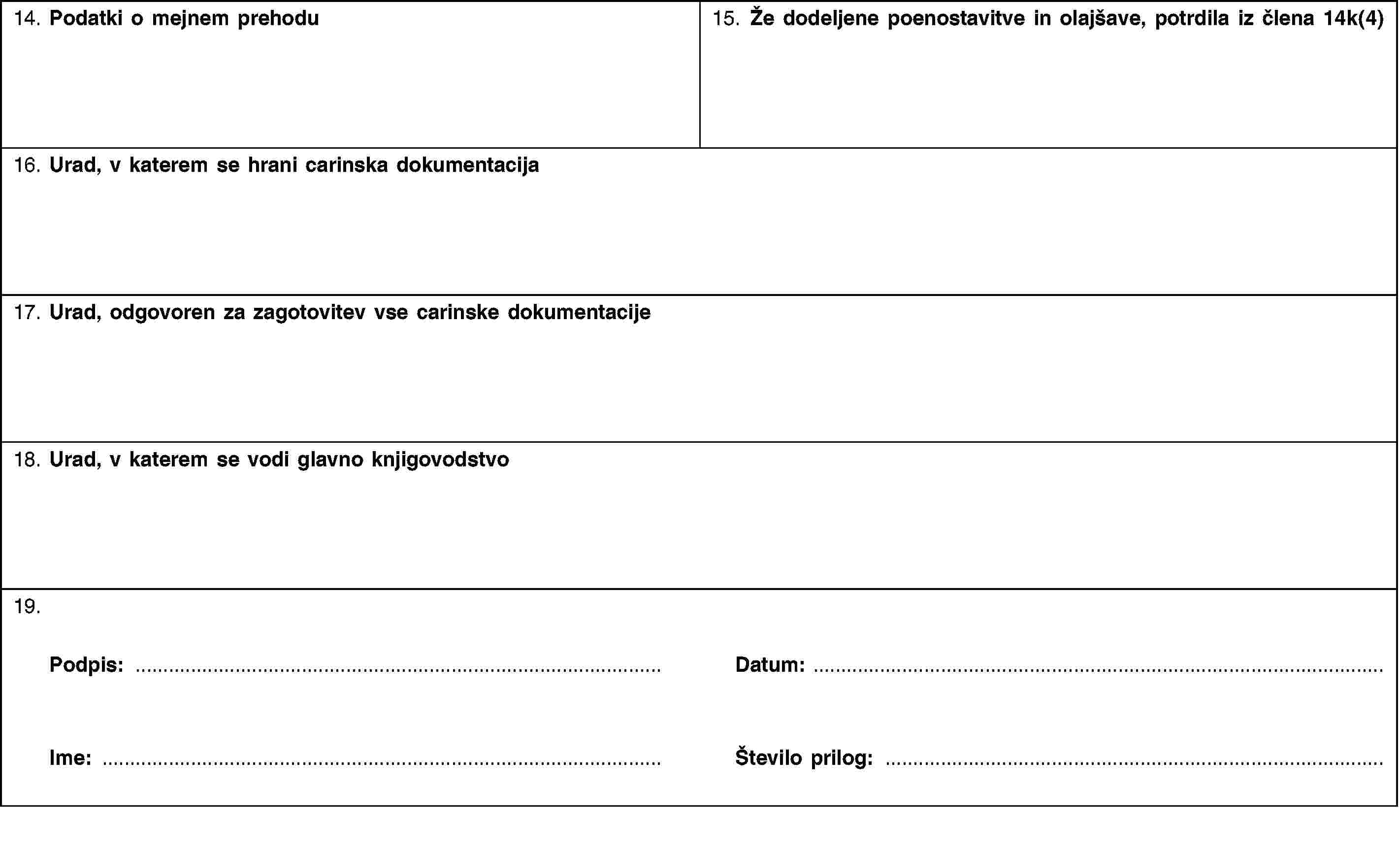 14. Podatki o mejnem prehodu15. Že dodeljene poenostavitve in olajšave, potrdila iz člena 14k(4)16. Urad, v katerem se hrani carinska dokumentacija17. Urad, odgovoren za zagotovitev vse carinske dokumentacije18. Urad, v katerem se vodi glavno knjigovodstvo19.Podpis:Ime:Datum:Število prilog: