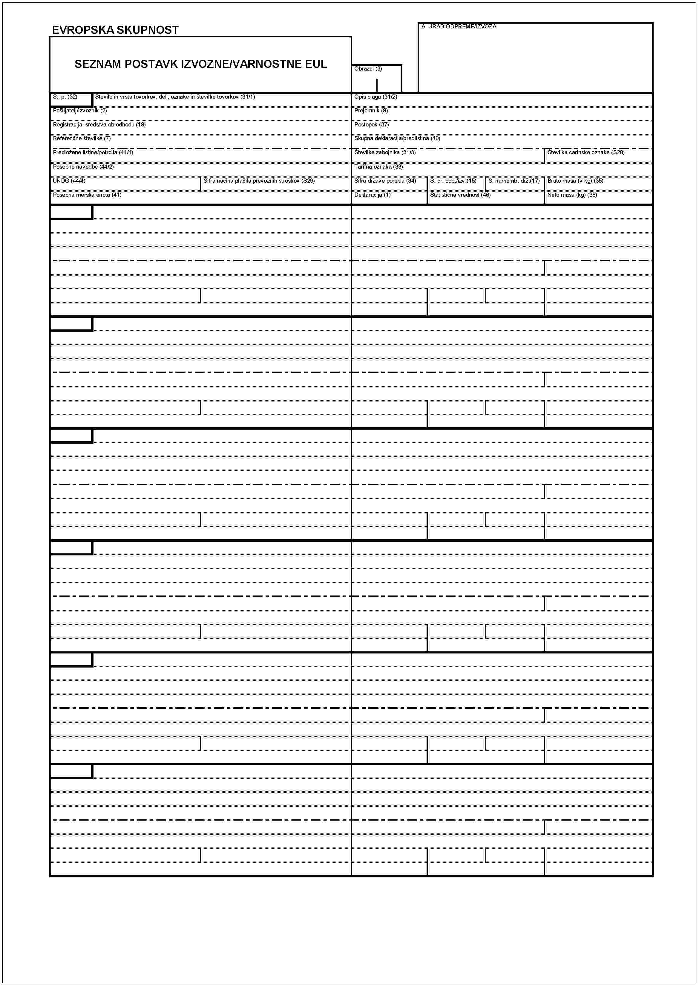 EVROPSKA SKUPNOSTSEZNAM POSTAVK IZVOZNE/VARNOSTNE EULA URAD ODPREME/IZVOZASt. P. (32)Stevilo in vrsta tovorkov, deli, oznake in številke tovorkov (31/1)Pošiljatelj/izvoznik (2)Registracija sredstva ob odhodu (18)Refernčne številke (7)Predložene listine/potrdila (44/1)Posebne navedbe (44/2)UNDC (44/4)Posebna merska enota (41)Šifra načina plčila prevoznih stroškov (S29)Obrazci (3)Opis blaga (31/2)Prejemnik (8)Postopek (37)Skupna deklaracija/predlistina (40)Številke zabojnika (31/3)Številka carinske oznake (S28)Tarifna oznaka (33)Šifra države porekla (34)Š. dr. odp./izv. (15)Š. namemb. drž. (17)Bruto masa (v kg) (35)Deklaracija (1)Statistična vrednost (46)Neto masa (kg) (38)