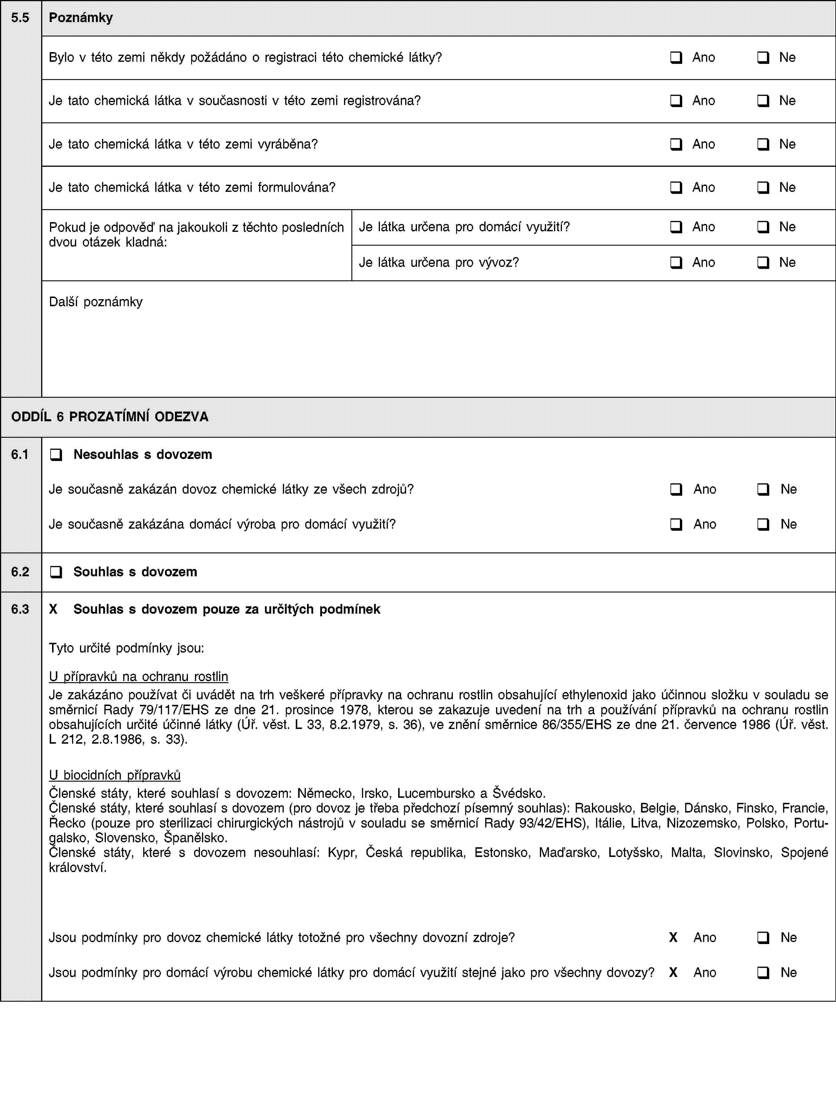 5.5PoznámkyBylo v této zemi někdy požádáno o registraci této chemické látky?AnoNeJe tato chemická látka v současnosti v této zemi registrována?AnoNeJe tato chemická látka v této zemi vyráběna?AnoNeJe tato chemická látka v této zemi formulována?AnoNePokud je odpověď na jakoukoli z těchto posledních dvou otázek kladná:Je látka určena pro domácí využití?AnoNeJe látka určena pro vývoz?AnoNeDalší poznámkyODDÍL 6 PROZATÍMNÍ ODEZVA6.1Nesouhlas s dovozemJe současně zakázán dovoz chemické látky ze všech zdrojů?AnoNeJe současně zakázána domácí výroba pro domácí využití?AnoNe6.2Souhlas s dovozem6.3X Souhlas s dovozem pouze za určitých podmínekTyto určité podmínky jsou:U přípravků na ochranu rostlinJe zakázáno používat či uvádět na trh veškeré přípravky na ochranu rostlin obsahující ethylenoxid jako účinnou složku v souladu se směrnicí Rady 79/117/EHS ze dne 21. prosince 1978, kterou se zakazuje uvedení na trh a používání přípravků na ochranu rostlin obsahujících určité účinné látky (Úř. věst. L 33, 8.2.1979, s. 36), ve znění směrnice 86/355/EHS ze dne 21. července 1986 (Úř. věst. L 212, 2.8.1986, s. 33).U biocidních přípravkůČlenské státy, které souhlasí s dovozem: Německo, Irsko, Lucembursko a Švédsko.Členské státy, které souhlasí s dovozem (pro dovoz je třeba předchozí písemný souhlas): Rakousko, Belgie, Dánsko, Finsko, Francie, Řecko (pouze pro sterilizaci chirurgických nástrojů v souladu se směrnicí Rady 93/42/EHS), Itálie, Litva, Nizozemsko, Polsko, Portugalsko, Slovensko, Španělsko.Členské státy, které s dovozem nesouhlasí: Kypr, Česká republika, Estonsko, Maďarsko, Lotyšsko, Malta, Slovinsko, Spojené království.Jsou podmínky pro dovoz chemické látky totožné pro všechny dovozní zdroje?X AnoNeJsou podmínky pro domácí výrobu chemické látky pro domácí využití stejné jako pro všechny dovozy?X AnoNe