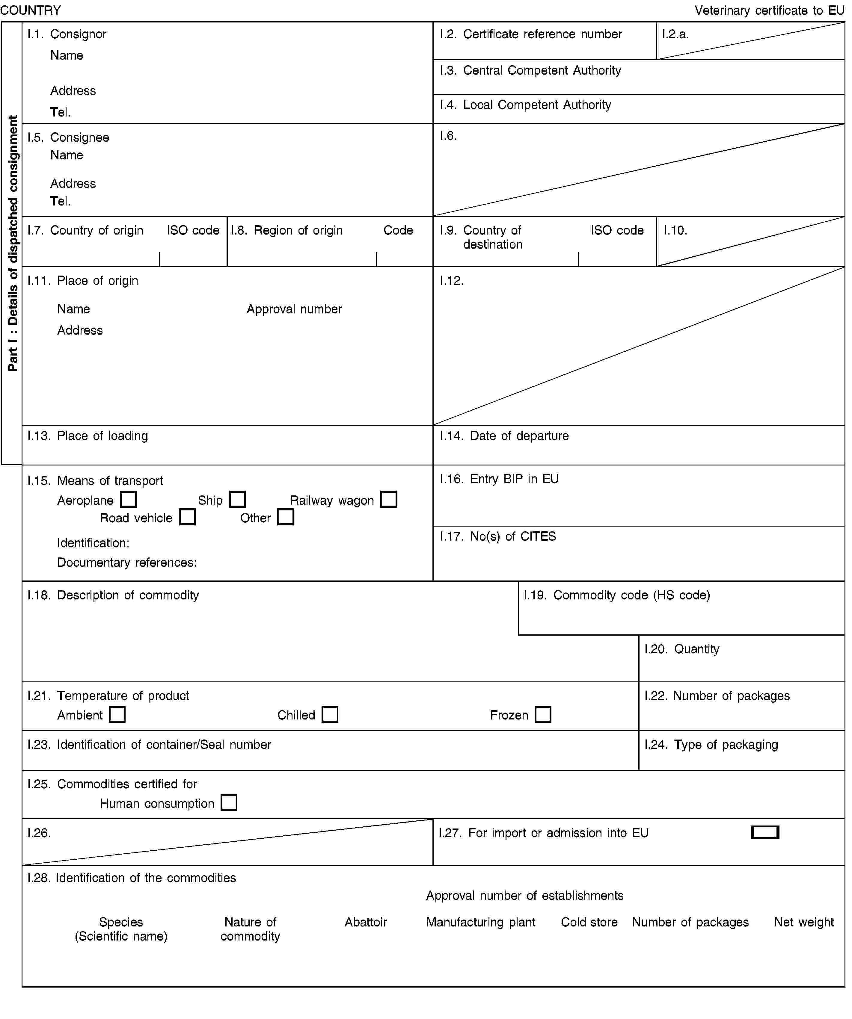 Part I : Details of dispatched consignmentCOUNTRYVeterinary certificate to EUI.1. ConsignorNameAddressTel.I.2. Certificate reference numberI.2.a.I.3. Central Competent AuthorityI.4. Local Competent AuthorityI.5. ConsigneeNameAddressTel.I.6.I.7. Country of originISO codeI.8. Region of originCodeI.9. Country of destinationISO codeI.10.I.11. Place of originNameApproval numberAddressI.12.I.13. Place of loadingI.14. Date of departureI.15. Means of transportAeroplaneShipRailway wagonRoad vehicleOtherIdentification:Documentary references:I.16. Entry BIP in EUI.17. No(s) of CITESI.18. Description of commodityI.19. Commodity code (HS code)I.20. QuantityI.21. Temperature of productAmbientChilledFrozenI.22. Number of packagesI.23. Identification of container/Seal numberI.24. Type of packagingI.25. Commodities certified forHuman consumptionI.26.I.27. For import or admission into EUI.28. Identification of the commoditiesApproval number of establishmentsSpecies (Scientific name)Nature of commodityAbattoirManufacturing plantCold storeNumber of packagesNet weight