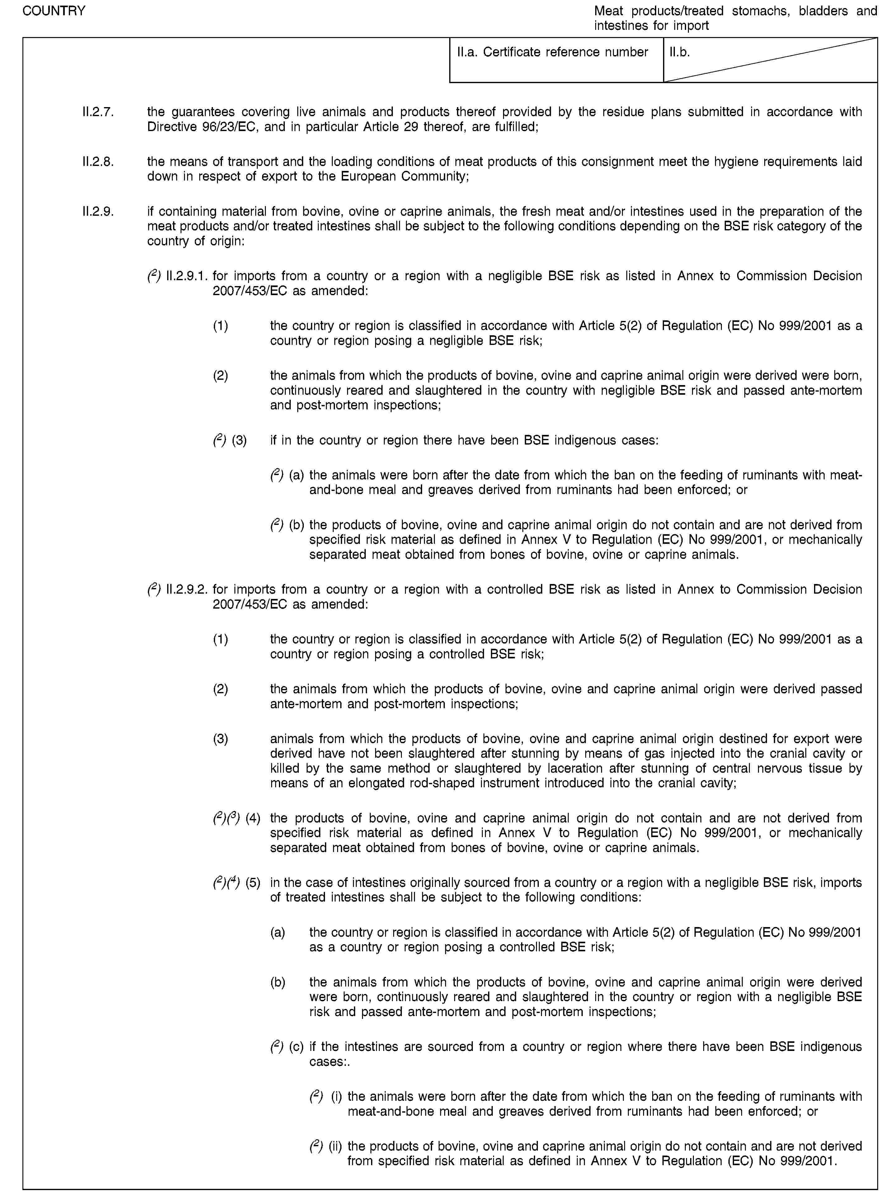 COUNTRYMeat products/treated stomachs, bladders and intestines for importII.a. Certificate reference numberII.b.II.2.7. the guarantees covering live animals and products thereof provided by the residue plans submitted in accordance with Directive 96/23/EC, and in particular Article 29 thereof, are fulfilled;II.2.8. the means of transport and the loading conditions of meat products of this consignment meet the hygiene requirements laid down in respect of export to the European Community;II.2.9. if containing material from bovine, ovine or caprine animals, the fresh meat and/or intestines used in the preparation of the meat products and/or treated intestines shall be subject to the following conditions depending on the BSE risk category of the country of origin:(2) II.2.9.1. for imports from a country or a region with a negligible BSE risk as listed in Annex to Commission Decision 2007/453/EC as amended:(1) the country or region is classified in accordance with Article 5(2) of Regulation (EC) No 999/2001 as a country or region posing a negligible BSE risk;(2) the animals from which the products of bovine, ovine and caprine animal origin were derived were born, continuously reared and slaughtered in the country with negligible BSE risk and passed ante-mortem and post-mortem inspections;(2) (3) if in the country or region there have been BSE indigenous cases:(2) (a) the animals were born after the date from which the ban on the feeding of ruminants with meat-and-bone meal and greaves derived from ruminants had been enforced; or(2) (b) the products of bovine, ovine and caprine animal origin do not contain and are not derived from specified risk material as defined in Annex V to Regulation (EC) No 999/2001, or mechanically separated meat obtained from bones of bovine, ovine or caprine animals.(2) II.2.9.2. for imports from a country or a region with a controlled BSE risk as listed in Annex to Commission Decision 2007/453/EC as amended:(1) the country or region is classified in accordance with Article 5(2) of Regulation (EC) No 999/2001 as a country or region posing a controlled BSE risk;(2) the animals from which the products of bovine, ovine and caprine animal origin were derived passed ante-mortem and post-mortem inspections;(3) animals from which the products of bovine, ovine and caprine animal origin destined for export were derived have not been slaughtered after stunning by means of gas injected into the cranial cavity or killed by the same method or slaughtered by laceration after stunning of central nervous tissue by means of an elongated rod-shaped instrument introduced into the cranial cavity;(2)(3) (4) the products of bovine, ovine and caprine animal origin do not contain and are not derived from specified risk material as defined in Annex V to Regulation (EC) No 999/2001, or mechanically separated meat obtained from bones of bovine, ovine or caprine animals.(2)(4) (5) in the case of intestines originally sourced from a country or a region with a negligible BSE risk, imports of treated intestines shall be subject to the following conditions:(a) the country or region is classified in accordance with Article 5(2) of Regulation (EC) No 999/2001 as a country or region posing a controlled BSE risk;(b) the animals from which the products of bovine, ovine and caprine animal origin were derived were born, continuously reared and slaughtered in the country or region with a negligible BSE risk and passed ante-mortem and post-mortem inspections;(2) (c) if the intestines are sourced from a country or region where there have been BSE indigenous cases:.(2) (i) the animals were born after the date from which the ban on the feeding of ruminants with meat-and-bone meal and greaves derived from ruminants had been enforced; or(2) (ii) the products of bovine, ovine and caprine animal origin do not contain and are not derived from specified risk material as defined in Annex V to Regulation (EC) No 999/2001.