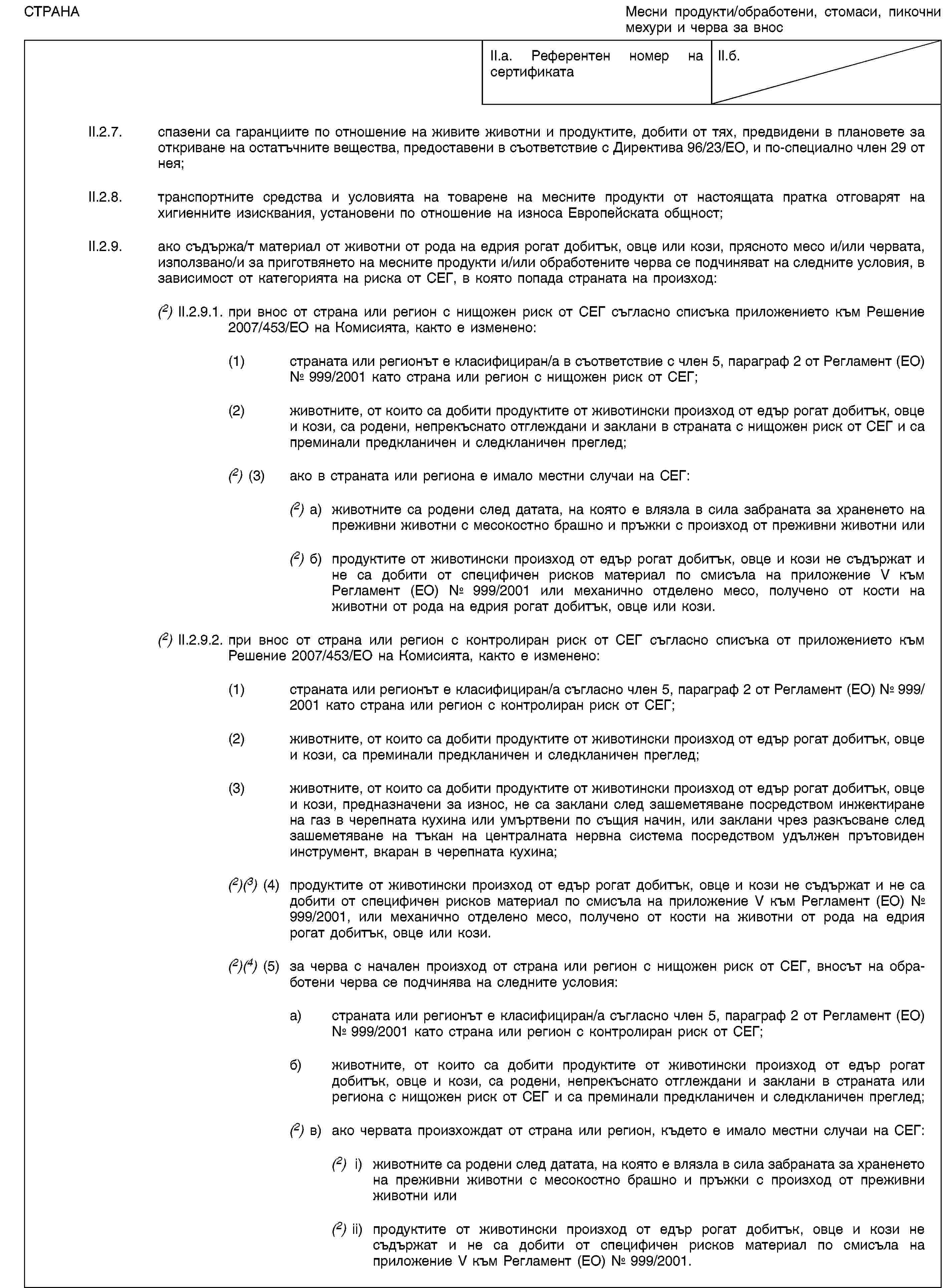 СТРАНАМесни продукти/обработени, стомаси, пикочни мехури и черва за вносII.a. Референтен номер на сертификатаII.б.II.2.7. спазени са гаранциите по отношение на живите животни и продуктите, добити от тях, предвидени в плановете за откриване на остатъчните вещества, предоставени в съответствие с Директива 96/23/ЕО, и по-специално член 29 от нея;II.2.8. транспортните средства и условията на товарене на месните продукти от настоящата пратка отговарят на хигиенните изисквания, установени по отношение на износа Европейската общност;II.2.9. ако съдържа/т материал от животни от рода на едрия рогат добитък, овце или кози, прясното месо и/или червата, използвано/и за приготвянето на месните продукти и/или обработените черва се подчиняват на следните условия, в зависимост от категорията на риска от СЕГ, в която попада страната на произход:(2) II.2.9.1. при внос от страна или регион с нищожен риск от СЕГ съгласно списъка приложението към Решение 2007/453/ЕО на Комисията, както е изменено:(1) страната или регионът е класифициран/а в съответствие с член 5, параграф 2 от Регламент (ЕО) № 999/2001 като страна или регион с нищожен риск от СЕГ;(2) животните, от които са добити продуктите от животински произход от едър рогат добитък, овце и кози, са родени, непрекъснато отглеждани и заклани в страната с нищожен риск от СЕГ и са преминали предкланичен и следкланичен преглед;(2) (3) ако в страната или региона е имало местни случаи на СЕГ:(2) a) животните са родени след датата, на която е влязла в сила забраната за храненето на преживни животни с месокостно брашно и пръжки с произход от преживни животни или(2) б) продуктите от животински произход от едър рогат добитък, овце и кози не съдържат и не са добити от специфичен рисков материал по смисъла на приложение V към Регламент (ЕО) № 999/2001 или механично отделено месо, получено от кости на животни от рода на едрия рогат добитък, овце или кози.(2) II.2.9.2. при внос от страна или регион с контролиран риск от СЕГ съгласно списъка от приложението към Решение 2007/453/ЕО на Комисията, както е изменено:(1) страната или регионът е класифициран/а съгласно член 5, параграф 2 от Регламент (ЕО) № 999/2001 като страна или регион с контролиран риск от СЕГ;(2) животните, от които са добити продуктите от животински произход от едър рогат добитък, овце и кози, са преминали предкланичен и следкланичен преглед;(3) животните, от които са добити продуктите от животински произход от едър рогат добитък, овце и кози, предназначени за износ, не са заклани след зашеметяване посредством инжектиране на газ в черепната кухина или умъртвени по същия начин, или заклани чрез разкъсване след зашеметяване на тъкан на централната нервна система посредством удължен прътовиден инструмент, вкаран в черепната кухина;(2)(3) (4) продуктите от животински произход от едър рогат добитък, овце и кози не съдържат и не са добити от специфичен рисков материал по смисъла на приложение V към Регламент (ЕО) № 999/2001, или механично отделено месо, получено от кости на животни от рода на едрия рогат добитък, овце или кози.(2)(4) (5) за черва с начален произход от страна или регион с нищожен риск от СЕГ, вносът на обработени черва се подчинява на следните условия:a) страната или регионът е класифициран/а съгласно член 5, параграф 2 от Регламент (ЕО) № 999/2001 като страна или регион с контролиран риск от СЕГ;б) животните, от които са добити продуктите от животински произход от едър рогат добитък, овце и кози, са родени, непрекъснато отглеждани и заклани в страната или региона с нищожен риск от СЕГ и са преминали предкланичен и следкланичен преглед;(2) в) ако червата произхождат от страна или регион, където е имало местни случаи на СЕГ:(2) i) животните са родени след датата, на която е влязла в сила забраната за храненето на преживни животни с месокостно брашно и пръжки с произход от преживни животни или(2) ii) продуктите от животински произход от едър рогат добитък, овце и кози не съдържат и не са добити от специфичен рисков материал по смисъла на приложение V към Регламент (ЕО) № 999/2001.