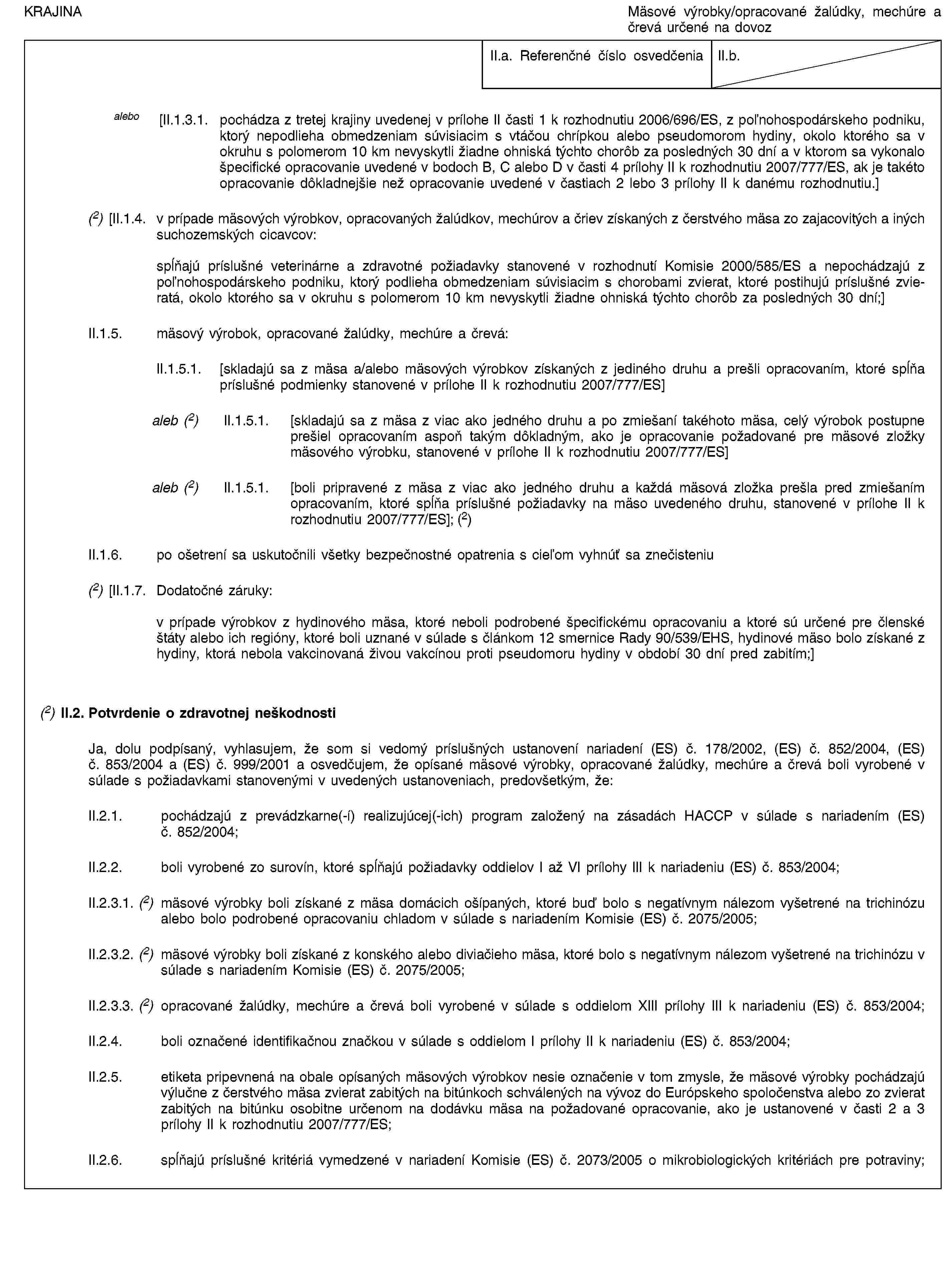 KRAJINAMäsové výrobky/opracované žalúdky, mechúre a črevá určené na dovozII.a. Referenčné číslo osvedčeniaII.b.alebo [II.1.3.1. pochádza z tretej krajiny uvedenej v prílohe II časti 1 k rozhodnutiu 2006/696/ES, z poľnohospodárskeho podniku, ktorý nepodlieha obmedzeniam súvisiacim s vtáčou chrípkou alebo pseudomorom hydiny, okolo ktorého sa v okruhu s polomerom 10 km nevyskytli žiadne ohniská týchto chorôb za posledných 30 dní a v ktorom sa vykonalo špecifické opracovanie uvedené v bodoch B, C alebo D v časti 4 prílohy II k rozhodnutiu 2007/777/ES, ak je takéto opracovanie dôkladnejšie než opracovanie uvedené v častiach 2 lebo 3 prílohy II k danému rozhodnutiu.](2) [II.1.4. v prípade mäsových výrobkov, opracovaných žalúdkov, mechúrov a čriev získaných z čerstvého mäsa zo zajacovitých a iných suchozemských cicavcov:spĺňajú príslušné veterinárne a zdravotné požiadavky stanovené v rozhodnutí Komisie 2000/585/ES a nepochádzajú z poľnohospodárskeho podniku, ktorý podlieha obmedzeniam súvisiacim s chorobami zvierat, ktoré postihujú príslušné zvieratá, okolo ktorého sa v okruhu s polomerom 10 km nevyskytli žiadne ohniská týchto chorôb za posledných 30 dní;]II.1.5. mäsový výrobok, opracované žalúdky, mechúre a črevá:II.1.5.1. [skladajú sa z mäsa a/alebo mäsových výrobkov získaných z jediného druhu a prešli opracovaním, ktoré spĺňa príslušné podmienky stanovené v prílohe II k rozhodnutiu 2007/777/ES]aleb (2) II.1.5.1. [skladajú sa z mäsa z viac ako jedného druhu a po zmiešaní takéhoto mäsa, celý výrobok postupne prešiel opracovaním aspoň takým dôkladným, ako je opracovanie požadované pre mäsové zložky mäsového výrobku, stanovené v prílohe II k rozhodnutiu 2007/777/ES]aleb (2) II.1.5.1. [boli pripravené z mäsa z viac ako jedného druhu a každá mäsová zložka prešla pred zmiešaním opracovaním, ktoré spĺňa príslušné požiadavky na mäso uvedeného druhu, stanovené v prílohe II k rozhodnutiu 2007/777/ES]; (2)II.1.6. po ošetrení sa uskutočnili všetky bezpečnostné opatrenia s cieľom vyhnúť sa znečisteniu(2) [II.1.7. Dodatočné záruky:v prípade výrobkov z hydinového mäsa, ktoré neboli podrobené špecifickému opracovaniu a ktoré sú určené pre členské štáty alebo ich regióny, ktoré boli uznané v súlade s článkom 12 smernice Rady 90/539/EHS, hydinové mäso bolo získané z hydiny, ktorá nebola vakcinovaná živou vakcínou proti pseudomoru hydiny v období 30 dní pred zabitím;](2) II.2. Potvrdenie o zdravotnej neškodnostiJa, dolu podpísaný, vyhlasujem, že som si vedomý príslušných ustanovení nariadení (ES) č. 178/2002, (ES) č. 852/2004, (ES) č. 853/2004 a (ES) č. 999/2001 a osvedčujem, že opísané mäsové výrobky, opracované žalúdky, mechúre a črevá boli vyrobené v súlade s požiadavkami stanovenými v uvedených ustanoveniach, predovšetkým, že:II.2.1. pochádzajú z prevádzkarne(-í) realizujúcej(-ich) program založený na zásadách HACCP v súlade s nariadením (ES) č. 852/2004;II.2.2. boli vyrobené zo surovín, ktoré spĺňajú požiadavky oddielov I až VI prílohy III k nariadeniu (ES) č. 853/2004;II.2.3.1. (2) mäsové výrobky boli získané z mäsa domácich ošípaných, ktoré buď bolo s negatívnym nálezom vyšetrené na trichinózu alebo bolo podrobené opracovaniu chladom v súlade s nariadením Komisie (ES) č. 2075/2005;II.2.3.2. (2) mäsové výrobky boli získané z konského alebo diviačieho mäsa, ktoré bolo s negatívnym nálezom vyšetrené na trichinózu v súlade s nariadením Komisie (ES) č. 2075/2005;II.2.3.3. (2) opracované žalúdky, mechúre a črevá boli vyrobené v súlade s oddielom XIII prílohy III k nariadeniu (ES) č. 853/2004;II.2.4. boli označené identifikačnou značkou v súlade s oddielom I prílohy II k nariadeniu (ES) č. 853/2004;II.2.5. etiketa pripevnená na obale opísaných mäsových výrobkov nesie označenie v tom zmysle, že mäsové výrobky pochádzajú výlučne z čerstvého mäsa zvierat zabitých na bitúnkoch schválených na vývoz do Európskeho spoločenstva alebo zo zvierat zabitých na bitúnku osobitne určenom na dodávku mäsa na požadované opracovanie, ako je ustanovené v časti 2 a 3 prílohy II k rozhodnutiu 2007/777/ES;II.2.6. spĺňajú príslušné kritériá vymedzené v nariadení Komisie (ES) č. 2073/2005 o mikrobiologických kritériách pre potraviny;