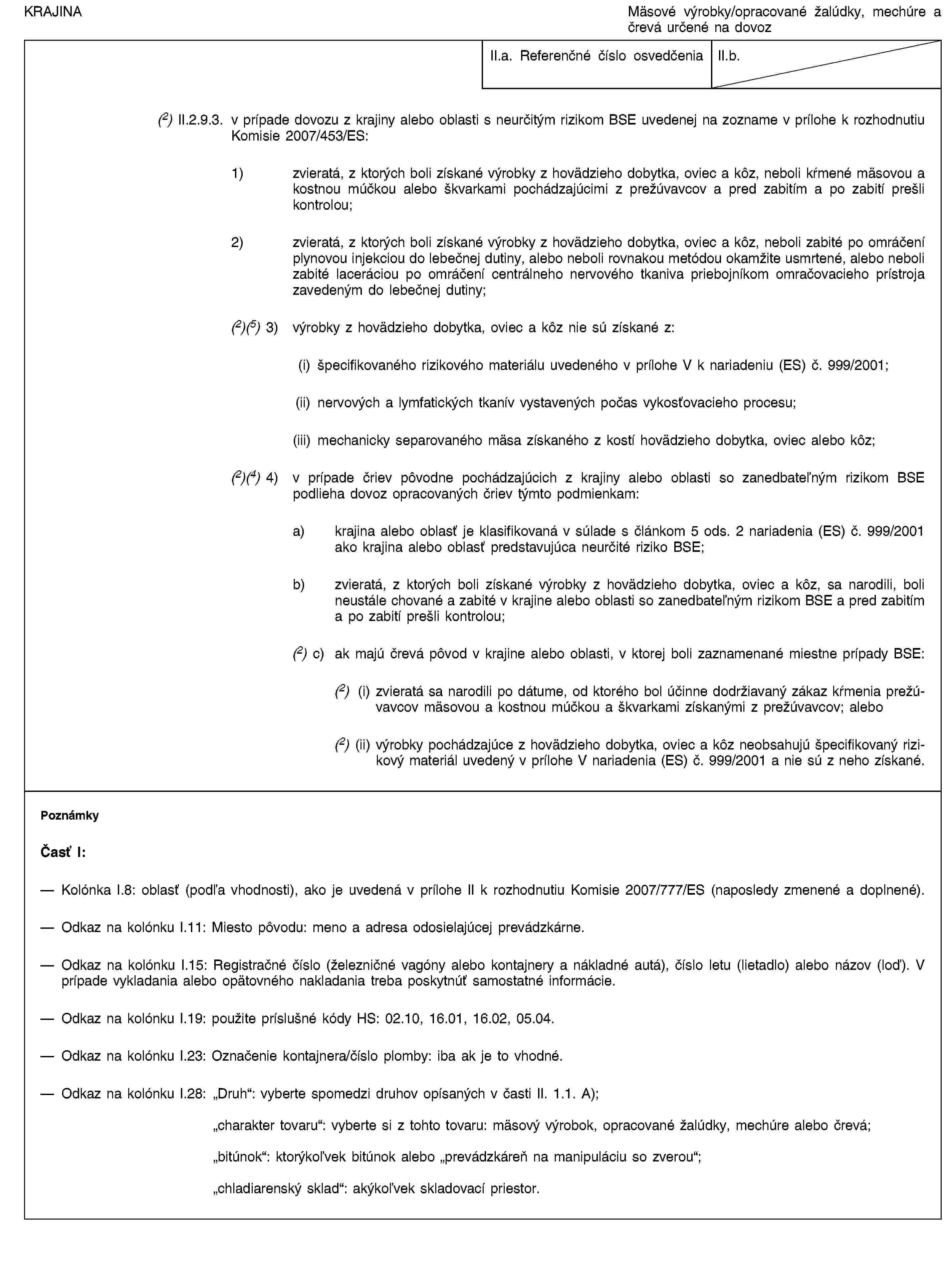 KRAJINAMäsové výrobky/opracované žalúdky, mechúre a črevá určené na dovozII.a. Referenčné číslo osvedčeniaII.b.(2) II.2.9.3. v prípade dovozu z krajiny alebo oblasti s neurčitým rizikom BSE uvedenej na zozname v prílohe k rozhodnutiu Komisie 2007/453/ES:1) zvieratá, z ktorých boli získané výrobky z hovädzieho dobytka, oviec a kôz, neboli kŕmené mäsovou a kostnou múčkou alebo škvarkami pochádzajúcimi z prežúvavcov a pred zabitím a po zabití prešli kontrolou;2) zvieratá, z ktorých boli získané výrobky z hovädzieho dobytka, oviec a kôz, neboli zabité po omráčení plynovou injekciou do lebečnej dutiny, alebo neboli rovnakou metódou okamžite usmrtené, alebo neboli zabité laceráciou po omráčení centrálneho nervového tkaniva priebojníkom omračovacieho prístroja zavedeným do lebečnej dutiny;(2)(5) 3) výrobky z hovädzieho dobytka, oviec a kôz nie sú získané z:(i) špecifikovaného rizikového materiálu uvedeného v prílohe V k nariadeniu (ES) č. 999/2001;(ii) nervových a lymfatických tkanív vystavených počas vykosťovacieho procesu;(iii) mechanicky separovaného mäsa získaného z kostí hovädzieho dobytka, oviec alebo kôz;(2)(4) 4) v prípade čriev pôvodne pochádzajúcich z krajiny alebo oblasti so zanedbateľným rizikom BSE podlieha dovoz opracovaných čriev týmto podmienkam:a) krajina alebo oblasť je klasifikovaná v súlade s článkom 5 ods. 2 nariadenia (ES) č. 999/2001 ako krajina alebo oblasť predstavujúca neurčité riziko BSE;b) zvieratá, z ktorých boli získané výrobky z hovädzieho dobytka, oviec a kôz, sa narodili, boli neustále chované a zabité v krajine alebo oblasti so zanedbateľným rizikom BSE a pred zabitím a po zabití prešli kontrolou;(2) c) ak majú črevá pôvod v krajine alebo oblasti, v ktorej boli zaznamenané miestne prípady BSE:(2) (i) zvieratá sa narodili po dátume, od ktorého bol účinne dodržiavaný zákaz kŕmenia prežúvavcov mäsovou a kostnou múčkou a škvarkami získanými z prežúvavcov; alebo(2) (ii) výrobky pochádzajúce z hovädzieho dobytka, oviec a kôz neobsahujú špecifikovaný rizikový materiál uvedený v prílohe V nariadenia (ES) č. 999/2001 a nie sú z neho získané.PoznámkyČasť I:Kolónka I.8: oblasť (podľa vhodnosti), ako je uvedená v prílohe II k rozhodnutiu Komisie 2007/777/ES (naposledy zmenené a doplnené).Odkaz na kolónku I.11: Miesto pôvodu: meno a adresa odosielajúcej prevádzkárne.Odkaz na kolónku I.15: Registračné číslo (železničné vagóny alebo kontajnery a nákladné autá), číslo letu (lietadlo) alebo názov (loď). V prípade vykladania alebo opätovného nakladania treba poskytnúť samostatné informácie.Odkaz na kolónku I.19: použite príslušné kódy HS: 02.10, 16.01, 16.02, 05.04.Odkaz na kolónku I.23: Označenie kontajnera/číslo plomby: iba ak je to vhodné.Odkaz na kolónku I.28: „Druh“: vyberte spomedzi druhov opísaných v časti II. 1.1. A);„charakter tovaru“: vyberte si z tohto tovaru: mäsový výrobok, opracované žalúdky, mechúre alebo črevá;„bitúnok“: ktorýkoľvek bitúnok alebo „prevádzkáreň na manipuláciu so zverou“;„chladiarenský sklad“: akýkoľvek skladovací priestor.