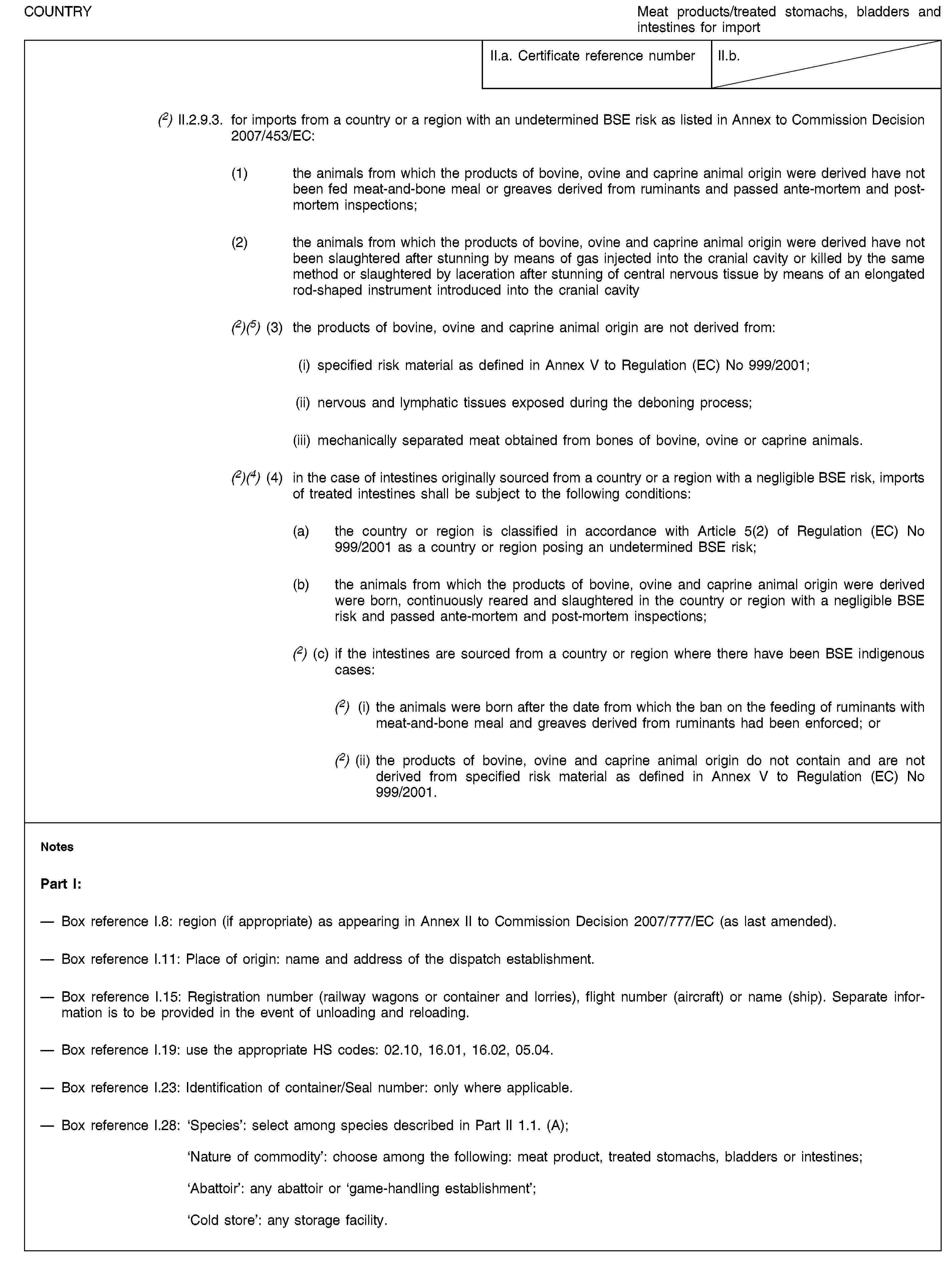 COUNTRYMeat products/treated stomachs, bladders and intestines for importII.a. Certificate reference numberII.b.(2) II.2.9.3. for imports from a country or a region with an undetermined BSE risk as listed in Annex to Commission Decision 2007/453/EC:(1) the animals from which the products of bovine, ovine and caprine animal origin were derived have not been fed meat-and-bone meal or greaves derived from ruminants and passed ante-mortem and post-mortem inspections;(2) the animals from which the products of bovine, ovine and caprine animal origin were derived have not been slaughtered after stunning by means of gas injected into the cranial cavity or killed by the same method or slaughtered by laceration after stunning of central nervous tissue by means of an elongated rod-shaped instrument introduced into the cranial cavity(2)(5) (3) the products of bovine, ovine and caprine animal origin are not derived from:(i) specified risk material as defined in Annex V to Regulation (EC) No 999/2001;(ii) nervous and lymphatic tissues exposed during the deboning process;(iii) mechanically separated meat obtained from bones of bovine, ovine or caprine animals.(2)(4) (4) in the case of intestines originally sourced from a country or a region with a negligible BSE risk, imports of treated intestines shall be subject to the following conditions:(a) the country or region is classified in accordance with Article 5(2) of Regulation (EC) No 999/2001 as a country or region posing an undetermined BSE risk;(b) the animals from which the products of bovine, ovine and caprine animal origin were derived were born, continuously reared and slaughtered in the country or region with a negligible BSE risk and passed ante-mortem and post-mortem inspections;(2) (c) if the intestines are sourced from a country or region where there have been BSE indigenous cases:(2) (i) the animals were born after the date from which the ban on the feeding of ruminants with meat-and-bone meal and greaves derived from ruminants had been enforced; or(2) (ii) the products of bovine, ovine and caprine animal origin do not contain and are not derived from specified risk material as defined in Annex V to Regulation (EC) No 999/2001.NotesPart I:Box reference I.8: region (if appropriate) as appearing in Annex II to Commission Decision 2007/777/EC (as last amended).Box reference I.11: Place of origin: name and address of the dispatch establishment.Box reference I.15: Registration number (railway wagons or container and lorries), flight number (aircraft) or name (ship). Separate information is to be provided in the event of unloading and reloading.Box reference I.19: use the appropriate HS codes: 02.10, 16.01, 16.02, 05.04.Box reference I.23: Identification of container/Seal number: only where applicable.Box reference I.28: ‘Species’: select among species described in Part II 1.1. (A);‘Nature of commodity’: choose among the following: meat product, treated stomachs, bladders or intestines;‘Abattoir’: any abattoir or ‘game-handling establishment’;‘Cold store’: any storage facility.