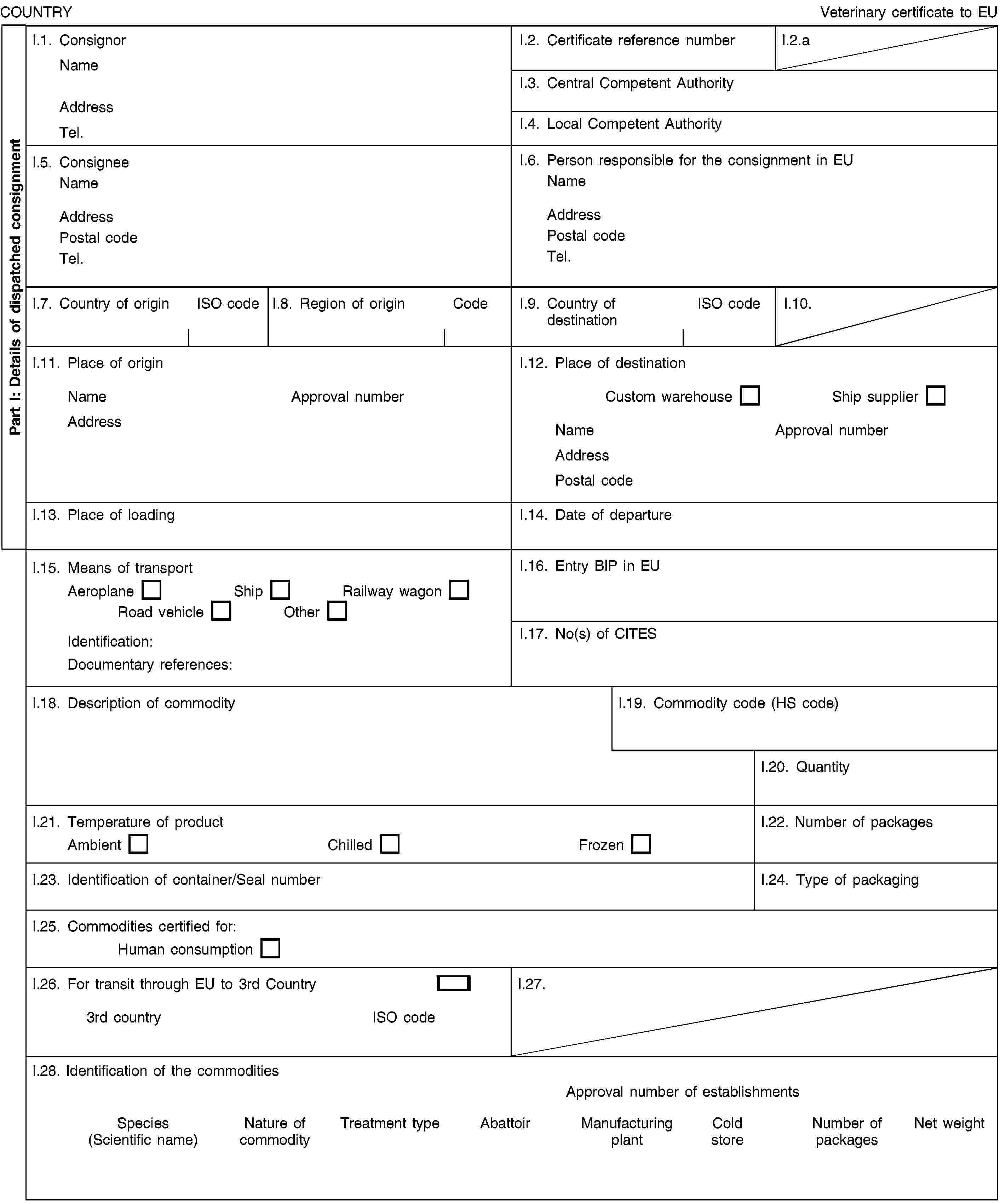 Part I: Details of dispatched consignmentCOUNTRYVeterinary certificate to EUI.1. ConsignorNameAddressTel.I.2. Certificate reference numberI.2.aI.3. Central Competent AuthorityI.4. Local Competent AuthorityI.5. ConsigneeNameAddressPostal codeTel.I.6. Person responsible for the consignment in EUNameAddressPostal codeTel.I.7. Country of originISO codeI.8. Region of originCodeI.9. Country of destinationISO codeI.10.I.11. Place of originNameApproval numberAddressI.12. Place of destinationCustom warehouseShip supplierNameApproval numberAddressPostal codeI.13. Place of loadingI.14. Date of departureI.15. Means of transportAeroplaneShipRailway wagonRoad vehicleOtherIdentification:Documentary references:I.16. Entry BIP in EUI.17. No(s) of CITESI.18. Description of commodityI.19. Commodity code (HS code)I.20. QuantityI.21. Temperature of productAmbientChilledFrozenI.22. Number of packagesI.23. Identification of container/Seal numberI.24. Type of packagingI.25. Commodities certified for:Human consumptionI.26. For transit through EU to 3rd Country3rd countryISO codeI.27.I.28. Identification of the commoditiesApproval number of establishmentsSpecies (Scientific name)Nature of commodityTreatment typeAbattoirManufacturing plantCold storeNumber of packagesNet weight