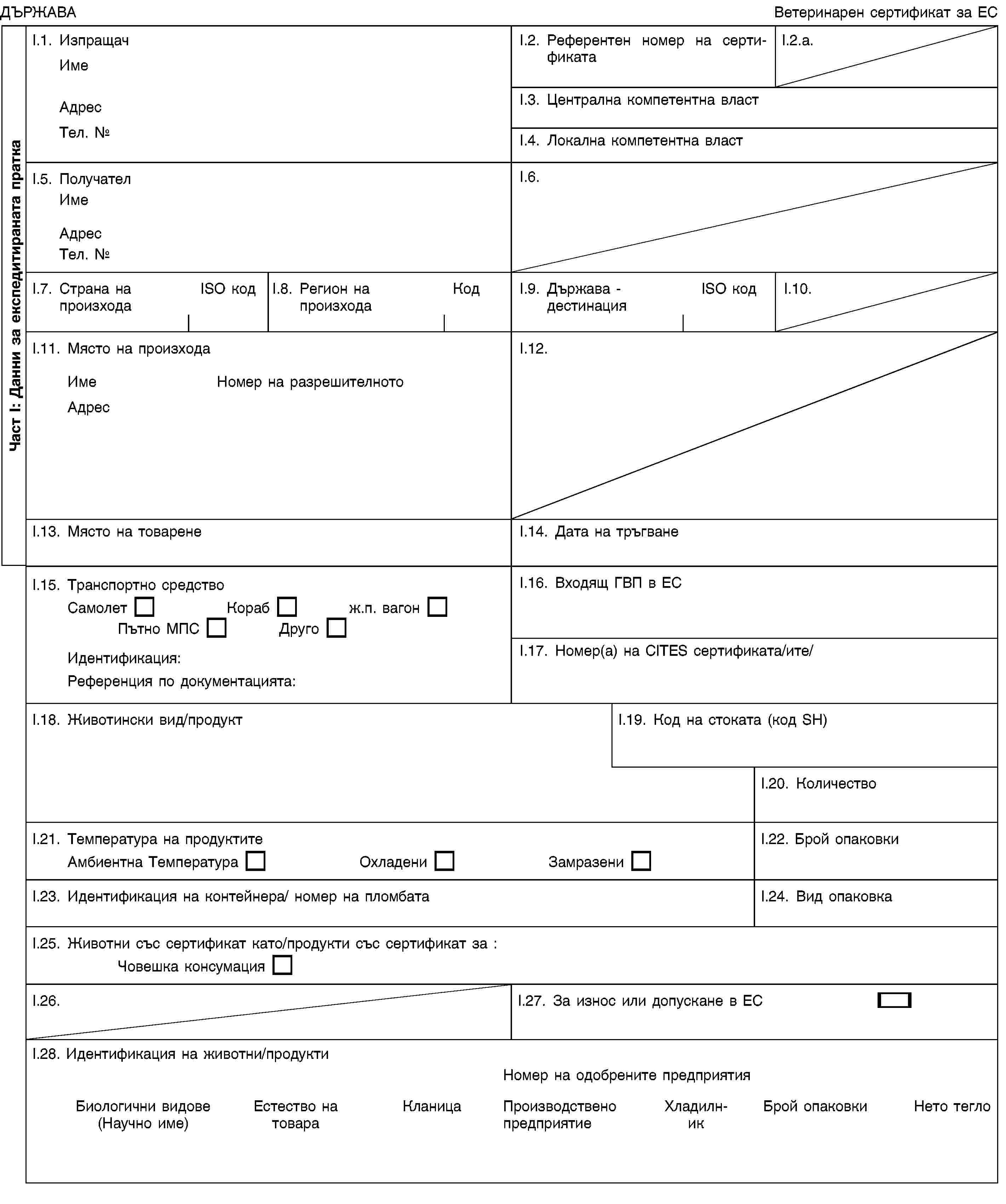 Част I: Данни за експедитираната праткаДЪРЖАВАВетеринарен сертификат за ЕСI.1. ИзпращачИмеАдресТел. №I.2. Референтен номер на сертификатаI.2.a.I.3. Централна компетентна властI.4. Локална компетентна властI.5. ПолучателИмеАдресТел. №I.6.I.7. Страна на произходаISO кодI.8. Регион на произходаКодI.9. Държава - дестинацияISO кодI.10.I.11. Място на произходаИмеНомер на разрешителнотоАдресI.12.I.13. Място на товаренеI.14. Дата на тръгванеI.15. Транспортно средствоСамолетКорабж.п. вагонПътно МПСДругоИдентификация:Референция по документацията:I.16. Входящ ГВП в ЕСI.17. Номер(а) на CITES сертификата/ите/I.18. Животински вид/продуктI.19. Код на стоката (код SH)I.20. КоличествоI.21. Температура на продуктитеАмбиентна ТемператураОхладениЗамразениI.22. Брой опаковкиI.23. Идентификация на контейнера/ номер на пломбатаI.24. Вид опаковкаI.25. Животни със сертификат като/продукти със сертификат за:Човешка консумацияI.26.I.27. За износ или допускане в ЕСI.28. Идентификация на животни/продуктиНомер на одобрените предприятияБиологични видове (Научно име)Естество на товараКланицаПроизводствено предприятиеХладилникБрой опаковкиНето тегло