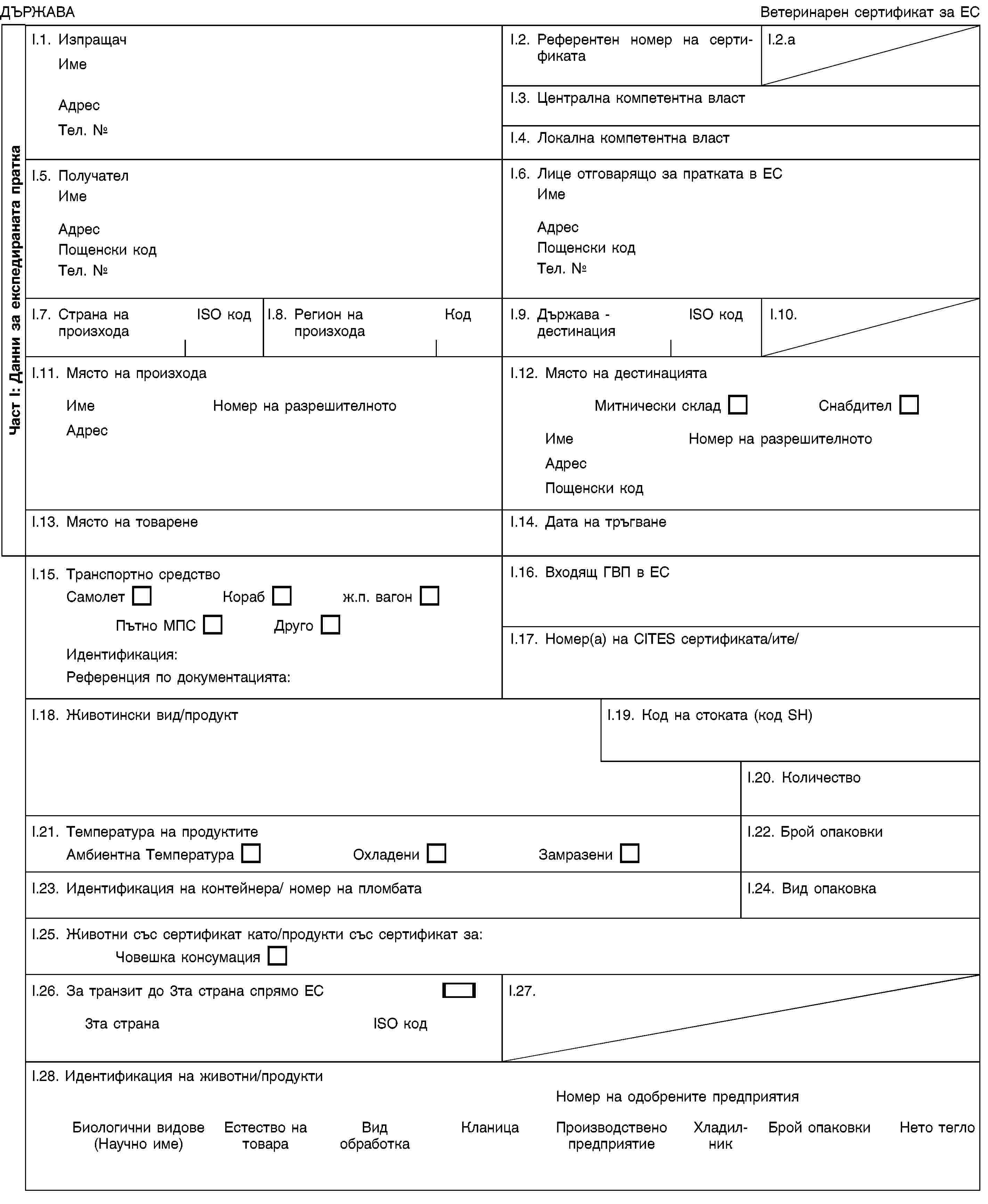 Част I: Данни за експедираната праткаДЪРЖАВАВетеринарен сертификат за ЕСI.1. ИзпращачИмеАдресТел. №I.2. Референтен номер на сертификатаI.2.aI.3. Централна компетентна властI.4. Локална компетентна властI.5. ПолучателИмеАдресПощенски кодТел. №I.6. Лице отговарящо за пратката в ЕСИмеАдресПощенски кодТел. №I.7. Страна на произходаISO кодI.8. Регион на произходаКодI.9. Държава - дестинацияISO кодI.10.I.11. Място на произходаИмеНомер на разрешителнотоАдресI.12. Място на дестинациятаМитнически складСнабдителИмеНомер на разрешителнотоАдресПощенски кодI.13. Място на товаренеI.14. Дата на тръгванеI.15. Транспортно средствоСамолетКорабж.п. вагонПътно МПСДругоИдентификация:Референция по документацията:I.16. Входящ ГВП в ЕСI.17. Номер(а) на CITES сертификата/ите/I.18. Животински вид/продуктI.19. Код на стоката (код SH)I.20. КоличествоI.21. Температура на продуктитеАмбиентна ТемператураОхладениЗамразениI.22. Брой опаковкиI.23. Идентификация на контейнера/ номер на пломбатаI.24. Вид опаковкаI.25. Животни със сертификат като/продукти със сертификат за:Човешка консумацияI.26. За транзит до 3та страна спрямо ЕС3та странаISO кодI.27.I.28. Идентификация на животни/продуктиНомер на одобрените предприятияБиологични видове (Научно име)Естество на товараВид обработкаКланицаПроизводствено предприятиеХладилникБрой опаковкиНето тегло