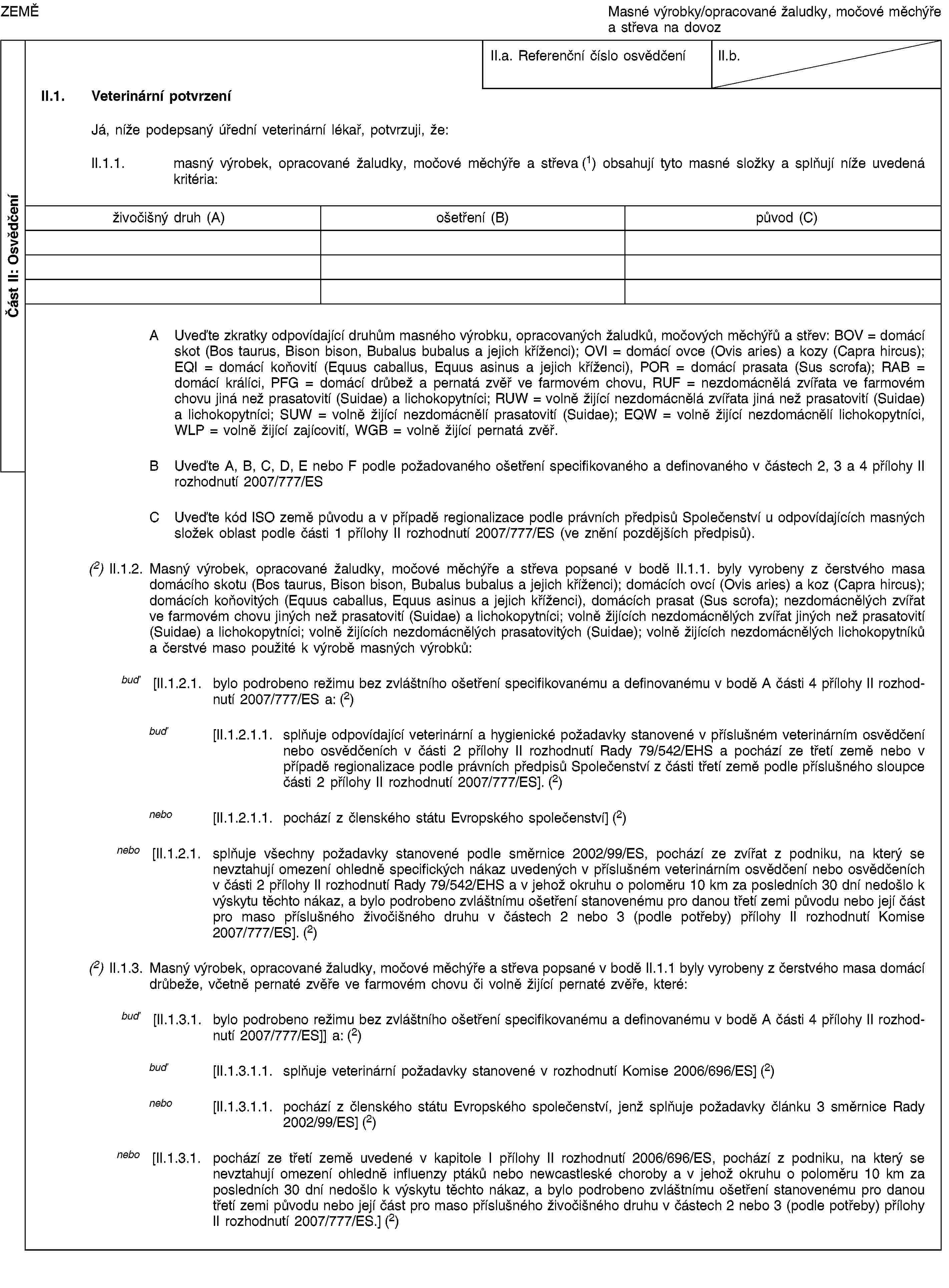 Část II: OsvědčeníZEMĚMasné výrobky/opracované žaludky, močové měchýře a střeva na dovozII.a. Referenční číslo osvědčeníII.b.II.1. Veterinární potvrzeníJá, níže podepsaný úřední veterinární lékař, potvrzuji, že:II.1.1. masný výrobek, opracované žaludky, močové měchýře a střeva (1) obsahují tyto masné složky a splňují níže uvedená kritéria:živočišný druh (A)ošetření (B)původ (C)A Uveďte zkratky odpovídající druhům masného výrobku, opracovaných žaludků, močových měchýřů a střev: BOV = domácí skot (Bos taurus, Bison bison, Bubalus bubalus a jejich kříženci); OVI = domácí ovce (Ovis aries) a kozy (Capra hircus); EQI = domácí koňovití (Equus caballus, Equus asinus a jejich kříženci), POR = domácí prasata (Sus scrofa); RAB = domácí králíci, PFG = domácí drůbež a pernatá zvěř ve farmovém chovu, RUF = nezdomácnělá zvířata ve farmovém chovu jiná než prasatovití (Suidae) a lichokopytníci; RUW = volně žijící nezdomácnělá zvířata jiná než prasatovití (Suidae) a lichokopytníci; SUW = volně žijící nezdomácnělí prasatovití (Suidae); EQW = volně žijící nezdomácnělí lichokopytníci, WLP = volně žijící zajícovití, WGB = volně žijící pernatá zvěř.B Uveďte A, B, C, D, E nebo F podle požadovaného ošetření specifikovaného a definovaného v částech 2, 3 a 4 přílohy II rozhodnutí 2007/777/ESC Uveďte kód ISO země původu a v případě regionalizace podle právních předpisů Společenství u odpovídajících masných složek oblast podle části 1 přílohy II rozhodnutí 2007/777/ES (ve znění pozdějších předpisů).(2) II.1.2. Masný výrobek, opracované žaludky, močové měchýře a střeva popsané v bodě II.1.1. byly vyrobeny z čerstvého masa domácího skotu (Bos taurus, Bison bison, Bubalus bubalus a jejich kříženci); domácích ovcí (Ovis aries) a koz (Capra hircus); domácích koňovitých (Equus caballus, Equus asinus a jejich kříženci), domácích prasat (Sus scrofa); nezdomácnělých zvířat ve farmovém chovu jiných než prasatovití (Suidae) a lichokopytníci; volně žijících nezdomácnělých zvířat jiných než prasatovití (Suidae) a lichokopytníci; volně žijících nezdomácnělých prasatovitých (Suidae); volně žijících nezdomácnělých lichokopytníků a čerstvé maso použité k výrobě masných výrobků:buď [II.1.2.1. bylo podrobeno režimu bez zvláštního ošetření specifikovanému a definovanému v bodě A části 4 přílohy II rozhodnutí 2007/777/ES a: (2)buď [II.1.2.1.1. splňuje odpovídající veterinární a hygienické požadavky stanovené v příslušném veterinárním osvědčení nebo osvědčeních v části 2 přílohy II rozhodnutí Rady 79/542/EHS a pochází ze třetí země nebo v případě regionalizace podle právních předpisů Společenství z části třetí země podle příslušného sloupce části 2 přílohy II rozhodnutí 2007/777/ES]. (2)nebo [II.1.2.1.1. pochází z členského státu Evropského společenství] (2)nebo [II.1.2.1. splňuje všechny požadavky stanovené podle směrnice 2002/99/ES, pochází ze zvířat z podniku, na který se nevztahují omezení ohledně specifických nákaz uvedených v příslušném veterinárním osvědčení nebo osvědčeních v části 2 přílohy II rozhodnutí Rady 79/542/EHS a v jehož okruhu o poloměru 10 km za posledních 30 dní nedošlo k výskytu těchto nákaz, a bylo podrobeno zvláštnímu ošetření stanovenému pro danou třetí zemi původu nebo její část pro maso příslušného živočišného druhu v částech 2 nebo 3 (podle potřeby) přílohy II rozhodnutí Komise 2007/777/ES]. (2)(2) II.1.3. Masný výrobek, opracované žaludky, močové měchýře a střeva popsané v bodě II.1.1 byly vyrobeny z čerstvého masa domácí drůbeže, včetně pernaté zvěře ve farmovém chovu či volně žijící pernaté zvěře, které:buď [II.1.3.1. bylo podrobeno režimu bez zvláštního ošetření specifikovanému a definovanému v bodě A části 4 přílohy II rozhodnutí 2007/777/ES]] a: (2)buď [II.1.3.1.1. splňuje veterinární požadavky stanovené v rozhodnutí Komise 2006/696/ES] (2)nebo [II.1.3.1.1. pochází z členského státu Evropského společenství, jenž splňuje požadavky článku 3 směrnice Rady 2002/99/ES] (2)nebo [II.1.3.1. pochází ze třetí země uvedené v kapitole I přílohy II rozhodnutí 2006/696/ES, pochází z podniku, na který se nevztahují omezení ohledně influenzy ptáků nebo newcastleské choroby a v jehož okruhu o poloměru 10 km za posledních 30 dní nedošlo k výskytu těchto nákaz, a bylo podrobeno zvláštnímu ošetření stanovenému pro danou třetí zemi původu nebo její část pro maso příslušného živočišného druhu v částech 2 nebo 3 (podle potřeby) přílohy II rozhodnutí 2007/777/ES.] (2)
