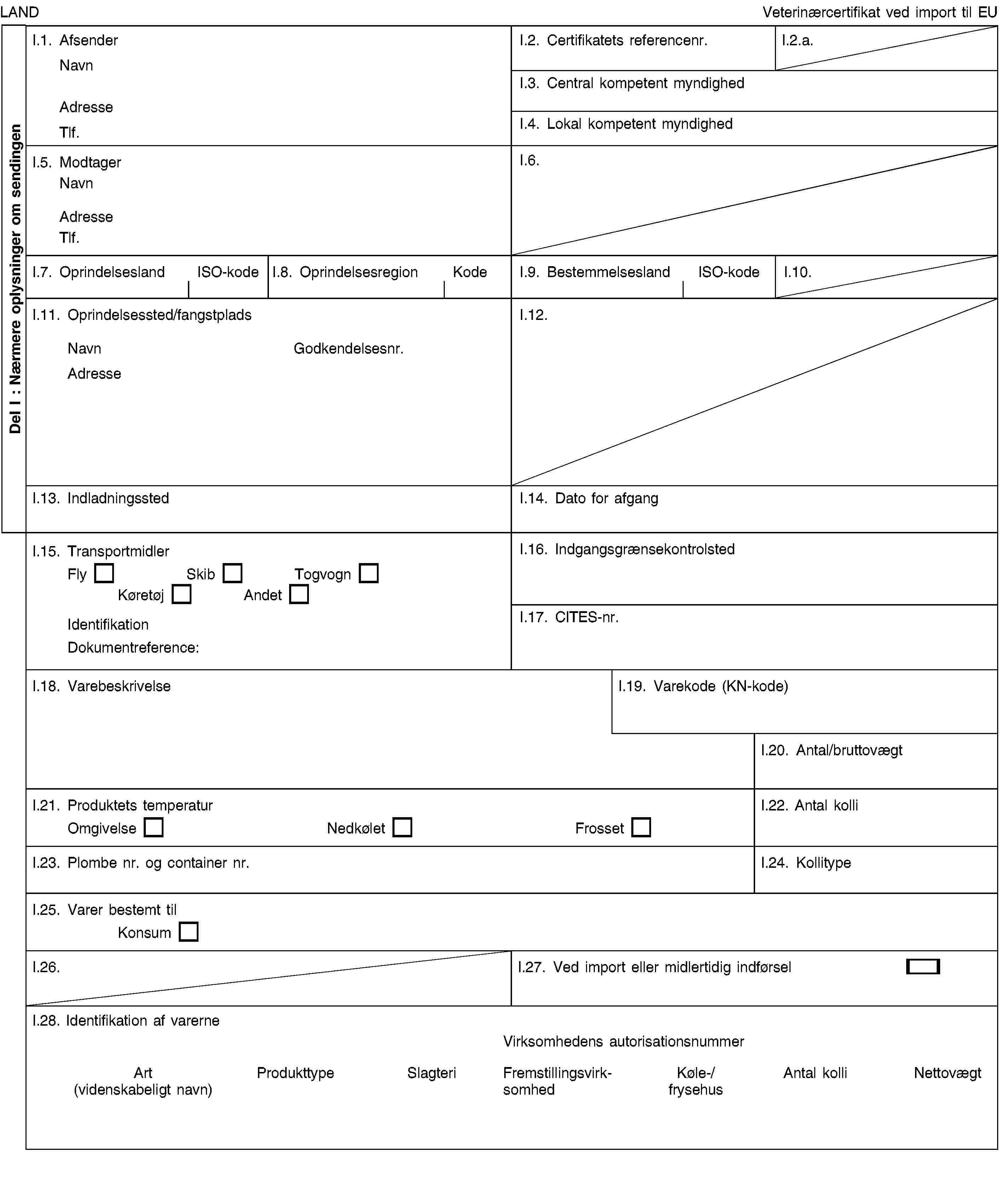 Del I: Nærmere oplysninger om sendingenLANDVeterinærcertifikat ved import til EUI.1. AfsenderNavnAdresseTlf.I.2. Certifikatets referencenr.I.2.a.I.3. Central kompetent myndighedI.4. Lokal kompetent myndighedI.5. ModtagerNavnAdresseTlf.I.6.I.7. OprindelseslandISO-kodeI.8. OprindelsesregionKodeI.9. BestemmelseslandISO-kodeI.10.I.11. Oprindelsessted/fangstpladsNavnGodkendelsesnr.AdresseI.12.I.13. IndladningsstedI.14. Dato for afgangI.15. TransportmidlerFlySkibTogvognKøretøjAndetIdentifikationDokumentreference:I.16. IndgangsgrænsekontrolstedI.17. CITES-nr.I.18. VarebeskrivelseI.19. Varekode (KN-kode)I.20. Antal/bruttovægtI.21. Produktets temperaturOmgivelseNedkøletFrossetI.22. Antal kolliI.23. Plombe nr. og container nr.I.24. KollitypeI.25. Varer bestemt tilKonsumI.26.I.27. Ved import eller midlertidig indførselI.28. Identifikation af varerneVirksomhedens autorisationsnummerArt (videnskabeligt navn)ProdukttypeSlagteriFremstillingsvirksomhedKøle-/frysehusAntal kolliNettovægt