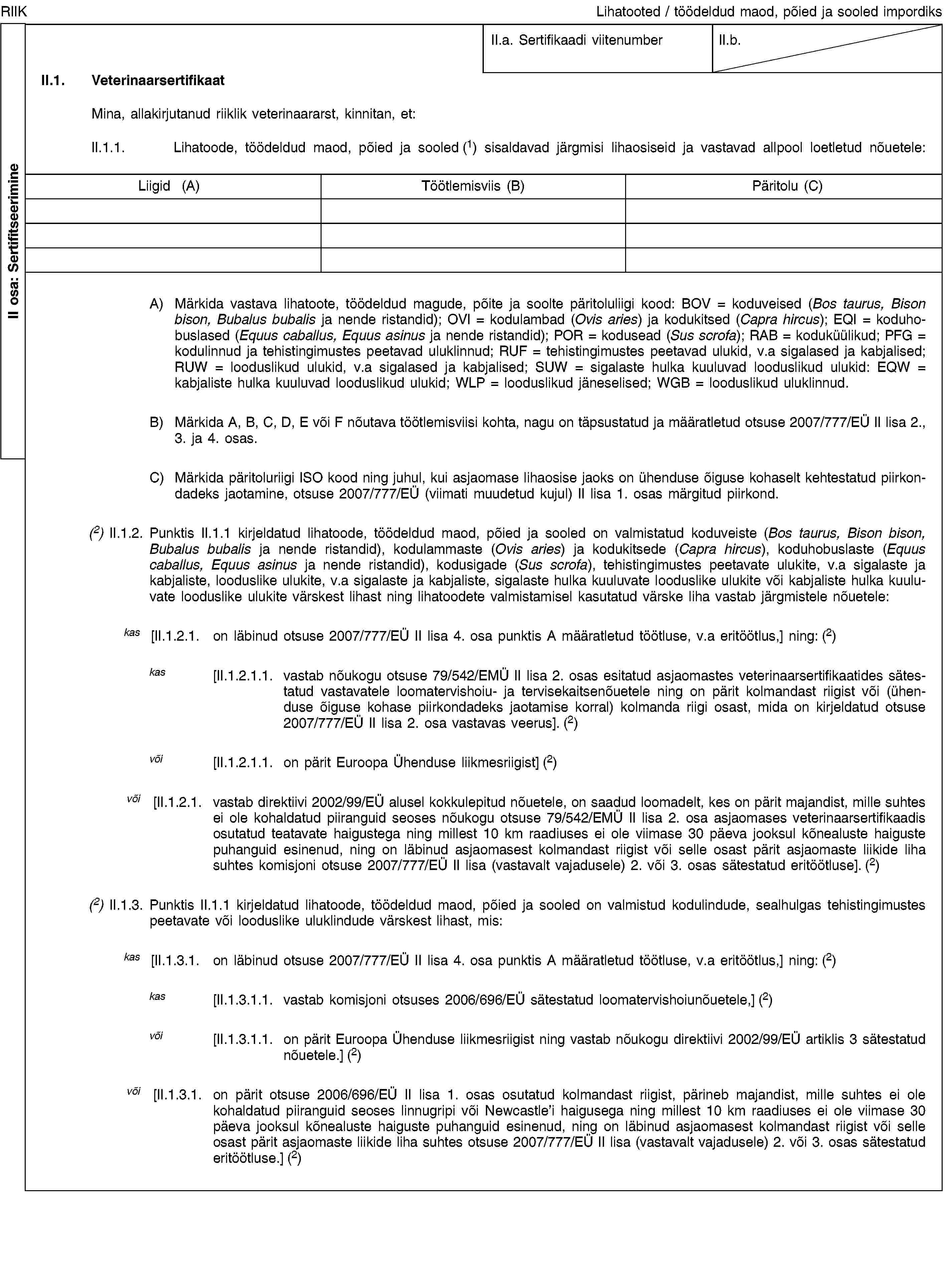 II osa: SertifitseerimineRIIKLihatooted / töödeldud maod, põied ja sooled impordiksII.a. Sertifikaadi viitenumberII.b.II.1. VeterinaarsertifikaatMina, allakirjutanud riiklik veterinaararst, kinnitan, et:II.1.1. Lihatoode, töödeldud maod, põied ja sooled (1) sisaldavad järgmisi lihaosiseid ja vastavad allpool loetletud nõuetele:Liigid (A)Töötlemisviis (B)Päritolu (C)A) Märkida vastava lihatoote, töödeldud magude, põite ja soolte päritoluliigi kood: BOV = koduveised (Bos taurus, Bison bison, Bubalus bubalis ja nende ristandid); OVI = kodulambad (Ovis aries) ja kodukitsed (Capra hircus); EQI = koduhobuslased (Equus caballus, Equus asinus ja nende ristandid); POR = kodusead (Sus scrofa); RAB = koduküülikud; PFG = kodulinnud ja tehistingimustes peetavad uluklinnud; RUF = tehistingimustes peetavad ulukid, v.a sigalased ja kabjalised; RUW = looduslikud ulukid, v.a sigalased ja kabjalised; SUW = sigalaste hulka kuuluvad looduslikud ulukid: EQW = kabjaliste hulka kuuluvad looduslikud ulukid; WLP = looduslikud jäneselised; WGB = looduslikud uluklinnud.B) Märkida A, B, C, D, E või F nõutava töötlemisviisi kohta, nagu on täpsustatud ja määratletud otsuse 2007/777/EÜ II lisa 2., 3. ja 4. osas.C) Märkida päritoluriigi ISO kood ning juhul, kui asjaomase lihaosise jaoks on ühenduse õiguse kohaselt kehtestatud piirkondadeks jaotamine, otsuse 2007/777/EÜ (viimati muudetud kujul) II lisa 1. osas märgitud piirkond.(2) II.1.2. Punktis II.1.1 kirjeldatud lihatoode, töödeldud maod, põied ja sooled on valmistatud koduveiste (Bos taurus, Bison bison, Bubalus bubalis ja nende ristandid), kodulammaste (Ovis aries) ja kodukitsede (Capra hircus), koduhobuslaste (Equus caballus, Equus asinus ja nende ristandid), kodusigade (Sus scrofa), tehistingimustes peetavate ulukite, v.a sigalaste ja kabjaliste, looduslike ulukite, v.a sigalaste ja kabjaliste, sigalaste hulka kuuluvate looduslike ulukite või kabjaliste hulka kuuluvate looduslike ulukite värskest lihast ning lihatoodete valmistamisel kasutatud värske liha vastab järgmistele nõuetele:kas [II.1.2.1. on läbinud otsuse 2007/777/EÜ II lisa 4. osa punktis A määratletud töötluse, v.a eritöötlus,] ning: (2)kas [II.1.2.1.1. vastab nõukogu otsuse 79/542/EMÜ II lisa 2. osas esitatud asjaomastes veterinaarsertifikaatides sätestatud vastavatele loomatervishoiu- ja tervisekaitsenõuetele ning on pärit kolmandast riigist või (ühenduse õiguse kohase piirkondadeks jaotamise korral) kolmanda riigi osast, mida on kirjeldatud otsuse 2007/777/EÜ II lisa 2. osa vastavas veerus]. (2)või [II.1.2.1.1. on pärit Euroopa Ühenduse liikmesriigist] (2)või [II.1.2.1. vastab direktiivi 2002/99/EÜ alusel kokkulepitud nõuetele, on saadud loomadelt, kes on pärit majandist, mille suhtes ei ole kohaldatud piiranguid seoses nõukogu otsuse 79/542/EMÜ II lisa 2. osa asjaomases veterinaarsertifikaadis osutatud teatavate haigustega ning millest 10 km raadiuses ei ole viimase 30 päeva jooksul kõnealuste haiguste puhanguid esinenud, ning on läbinud asjaomasest kolmandast riigist või selle osast pärit asjaomaste liikide liha suhtes komisjoni otsuse 2007/777/EÜ II lisa (vastavalt vajadusele) 2. või 3. osas sätestatud eritöötluse]. (2)(2) II.1.3. Punktis II.1.1 kirjeldatud lihatoode, töödeldud maod, põied ja sooled on valmistud kodulindude, sealhulgas tehistingimustes peetavate või looduslike uluklindude värskest lihast, mis:kas [II.1.3.1. on läbinud otsuse 2007/777/EÜ II lisa 4. osa punktis A määratletud töötluse, v.a eritöötlus,] ning: (2)kas [II.1.3.1.1. vastab komisjoni otsuses 2006/696/EÜ sätestatud loomatervishoiunõuetele,] (2)või [II.1.3.1.1. on pärit Euroopa Ühenduse liikmesriigist ning vastab nõukogu direktiivi 2002/99/EÜ artiklis 3 sätestatud nõuetele.] (2)või [II.1.3.1. on pärit otsuse 2006/696/EÜ II lisa 1. osas osutatud kolmandast riigist, pärineb majandist, mille suhtes ei ole kohaldatud piiranguid seoses linnugripi või Newcastle’i haigusega ning millest 10 km raadiuses ei ole viimase 30 päeva jooksul kõnealuste haiguste puhanguid esinenud, ning on läbinud asjaomasest kolmandast riigist või selle osast pärit asjaomaste liikide liha suhtes otsuse 2007/777/EÜ II lisa (vastavalt vajadusele) 2. või 3. osas sätestatud eritöötluse.] (2)