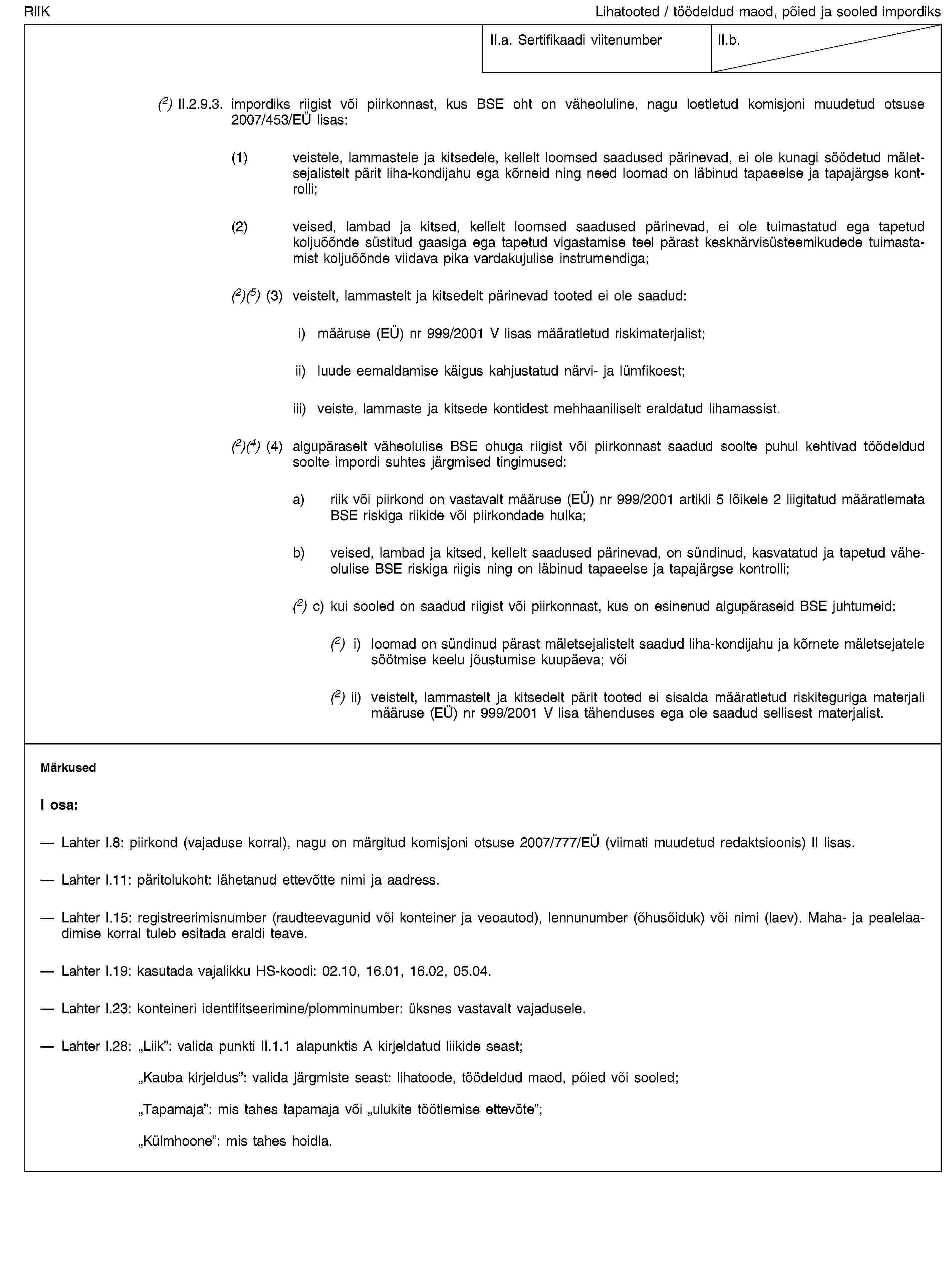 RIIKLihatooted / töödeldud maod, põied ja sooled impordiksII.a. Sertifikaadi viitenumberII.b.(2) II.2.9.3. impordiks riigist või piirkonnast, kus BSE oht on väheoluline, nagu loetletud komisjoni muudetud otsuse 2007/453/EÜ lisas:(1) veistele, lammastele ja kitsedele, kellelt loomsed saadused pärinevad, ei ole kunagi söödetud mäletsejalistelt pärit liha-kondijahu ega kõrneid ning need loomad on läbinud tapaeelse ja tapajärgse kontrolli;(2) veised, lambad ja kitsed, kellelt loomsed saadused pärinevad, ei ole tuimastatud ega tapetud koljuõõnde süstitud gaasiga ega tapetud vigastamise teel pärast kesknärvisüsteemikudede tuimastamist koljuõõnde viidava pika vardakujulise instrumendiga;(2)(5) (3) veistelt, lammastelt ja kitsedelt pärinevad tooted ei ole saadud:i) määruse (EÜ) nr 999/2001 V lisas määratletud riskimaterjalist;ii) luude eemaldamise käigus kahjustatud närvi- ja lümfikoest;iii) veiste, lammaste ja kitsede kontidest mehhaaniliselt eraldatud lihamassist.(2)(4) (4) algupäraselt väheolulise BSE ohuga riigist või piirkonnast saadud soolte puhul kehtivad töödeldud soolte impordi suhtes järgmised tingimused:a) riik või piirkond on vastavalt määruse (EÜ) nr 999/2001 artikli 5 lõikele 2 liigitatud määratlemata BSE riskiga riikide või piirkondade hulka;b) veised, lambad ja kitsed, kellelt saadused pärinevad, on sündinud, kasvatatud ja tapetud väheolulise BSE riskiga riigis ning on läbinud tapaeelse ja tapajärgse kontrolli;(2) c) kui sooled on saadud riigist või piirkonnast, kus on esinenud algupäraseid BSE juhtumeid:(2) i) loomad on sündinud pärast mäletsejalistelt saadud liha-kondijahu ja kõrnete mäletsejatele söötmise keelu jõustumise kuupäeva; või(2) ii) veistelt, lammastelt ja kitsedelt pärit tooted ei sisalda määratletud riskiteguriga materjali määruse (EÜ) nr 999/2001 V lisa tähenduses ega ole saadud sellisest materjalist.MärkusedI osa:Lahter I.8: piirkond (vajaduse korral), nagu on märgitud komisjoni otsuse 2007/777/EÜ (viimati muudetud redaktsioonis) II lisas.Lahter I.11: päritolukoht: lähetanud ettevõtte nimi ja aadress.Lahter I.15: registreerimisnumber (raudteevagunid või konteiner ja veoautod), lennunumber (õhusõiduk) või nimi (laev). Maha- ja pealelaadimise korral tuleb esitada eraldi teave.Lahter I.19: kasutada vajalikku HS-koodi: 02.10, 16.01, 16.02, 05.04.Lahter I.23: konteineri identifitseerimine/plomminumber: üksnes vastavalt vajadusele.Lahter I.28: „Liik”: valida punkti II.1.1 alapunktis A kirjeldatud liikide seast;„Kauba kirjeldus”: valida järgmiste seast: lihatoode, töödeldud maod, põied või sooled;„Tapamaja”: mis tahes tapamaja või „ulukite töötlemise ettevõte”;„Külmhoone”: mis tahes hoidla.