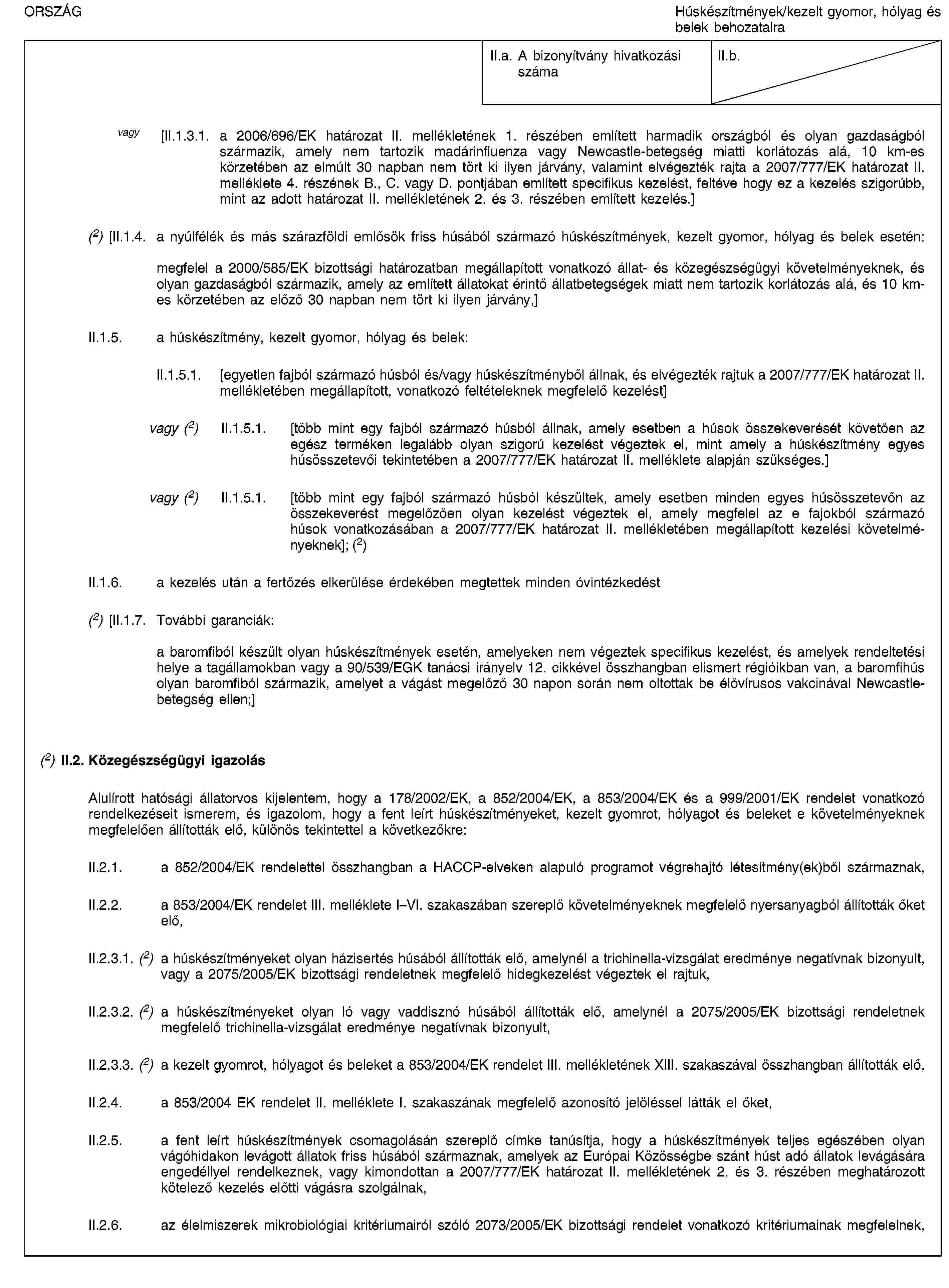 ORSZÁGHúskészítmények/kezelt gyomor, hólyag és belek behozatalraII.a. A bizonyítvány hivatkozási számaII.b.vagy [II.1.3.1. a 2006/696/EK határozat II. mellékletének 1. részében említett harmadik országból és olyan gazdaságból származik, amely nem tartozik madárinfluenza vagy Newcastle-betegség miatti korlátozás alá, 10 km-es körzetében az elmúlt 30 napban nem tört ki ilyen járvány, valamint elvégezték rajta a 2007/777/EK határozat II. melléklete 4. részének B., C. vagy D. pontjában említett specifikus kezelést, feltéve hogy ez a kezelés szigorúbb, mint az adott határozat II. mellékletének 2. és 3. részében említett kezelés.](2) [II.1.4. a nyúlfélék és más szárazföldi emlősök friss húsából származó húskészítmények, kezelt gyomor, hólyag és belek esetén:megfelel a 2000/585/EK bizottsági határozatban megállapított vonatkozó állat- és közegészségügyi követelményeknek, és olyan gazdaságból származik, amely az említett állatokat érintő állatbetegségek miatt nem tartozik korlátozás alá, és 10 km-es körzetében az előző 30 napban nem tört ki ilyen járvány,]II.1.5. a húskészítmény, kezelt gyomor, hólyag és belek:II.1.5.1. [egyetlen fajból származó húsból és/vagy húskészítményből állnak, és elvégezték rajtuk a 2007/777/EK határozat II. mellékletében megállapított, vonatkozó feltételeknek megfelelő kezelést]vagy (2) II.1.5.1. [több mint egy fajból származó húsból állnak, amely esetben a húsok összekeverését követően az egész terméken legalább olyan szigorú kezelést végeztek el, mint amely a húskészítmény egyes húsösszetevői tekintetében a 2007/777/EK határozat II. melléklete alapján szükséges.]vagy (2) II.1.5.1. [több mint egy fajból származó húsból készültek, amely esetben minden egyes húsösszetevőn az összekeverést megelőzően olyan kezelést végeztek el, amely megfelel az e fajokból származó húsok vonatkozásában a 2007/777/EK határozat II. mellékletében megállapított kezelési követelményeknek]; (2)II.1.6. a kezelés után a fertőzés elkerülése érdekében megtettek minden óvintézkedést(2) [II.1.7. További garanciák:a baromfiból készült olyan húskészítmények esetén, amelyeken nem végeztek specifikus kezelést, és amelyek rendeltetési helye a tagállamokban vagy a 90/539/EGK tanácsi irányelv 12. cikkével összhangban elismert régióikban van, a baromfihús olyan baromfiból származik, amelyet a vágást megelőző 30 napon során nem oltottak be élővírusos vakcinával Newcastle-betegség ellen;](2) II.2. Közegészségügyi igazolásAlulírott hatósági állatorvos kijelentem, hogy a 178/2002/EK, a 852/2004/EK, a 853/2004/EK és a 999/2001/EK rendelet vonatkozó rendelkezéseit ismerem, és igazolom, hogy a fent leírt húskészítményeket, kezelt gyomrot, hólyagot és beleket e követelményeknek megfelelően állították elő, különös tekintettel a következőkre:II.2.1. a 852/2004/EK rendelettel összhangban a HACCP-elveken alapuló programot végrehajtó létesítmény(ek)ből származnak,II.2.2. a 853/2004/EK rendelet III. melléklete I–VI. szakaszában szereplő követelményeknek megfelelő nyersanyagból állították őket elő,II.2.3.1. (2) a húskészítményeket olyan házisertés húsából állították elő, amelynél a trichinella-vizsgálat eredménye negatívnak bizonyult, vagy a 2075/2005/EK bizottsági rendeletnek megfelelő hidegkezelést végeztek el rajtuk,II.2.3.2. (2) a húskészítményeket olyan ló vagy vaddisznó húsából állították elő, amelynél a 2075/2005/EK bizottsági rendeletnek megfelelő trichinella-vizsgálat eredménye negatívnak bizonyult,II.2.3.3. (2) a kezelt gyomrot, hólyagot és beleket a 853/2004/EK rendelet III. mellékletének XIII. szakaszával összhangban állították elő,II.2.4. a 853/2004 EK rendelet II. melléklete I. szakaszának megfelelő azonosító jelöléssel látták el őket,II.2.5. a fent leírt húskészítmények csomagolásán szereplő címke tanúsítja, hogy a húskészítmények teljes egészében olyan vágóhidakon levágott állatok friss húsából származnak, amelyek az Európai Közösségbe szánt húst adó állatok levágására engedéllyel rendelkeznek, vagy kimondottan a 2007/777/EK határozat II. mellékletének 2. és 3. részében meghatározott kötelező kezelés előtti vágásra szolgálnak,II.2.6. az élelmiszerek mikrobiológiai kritériumairól szóló 2073/2005/EK bizottsági rendelet vonatkozó kritériumainak megfelelnek,