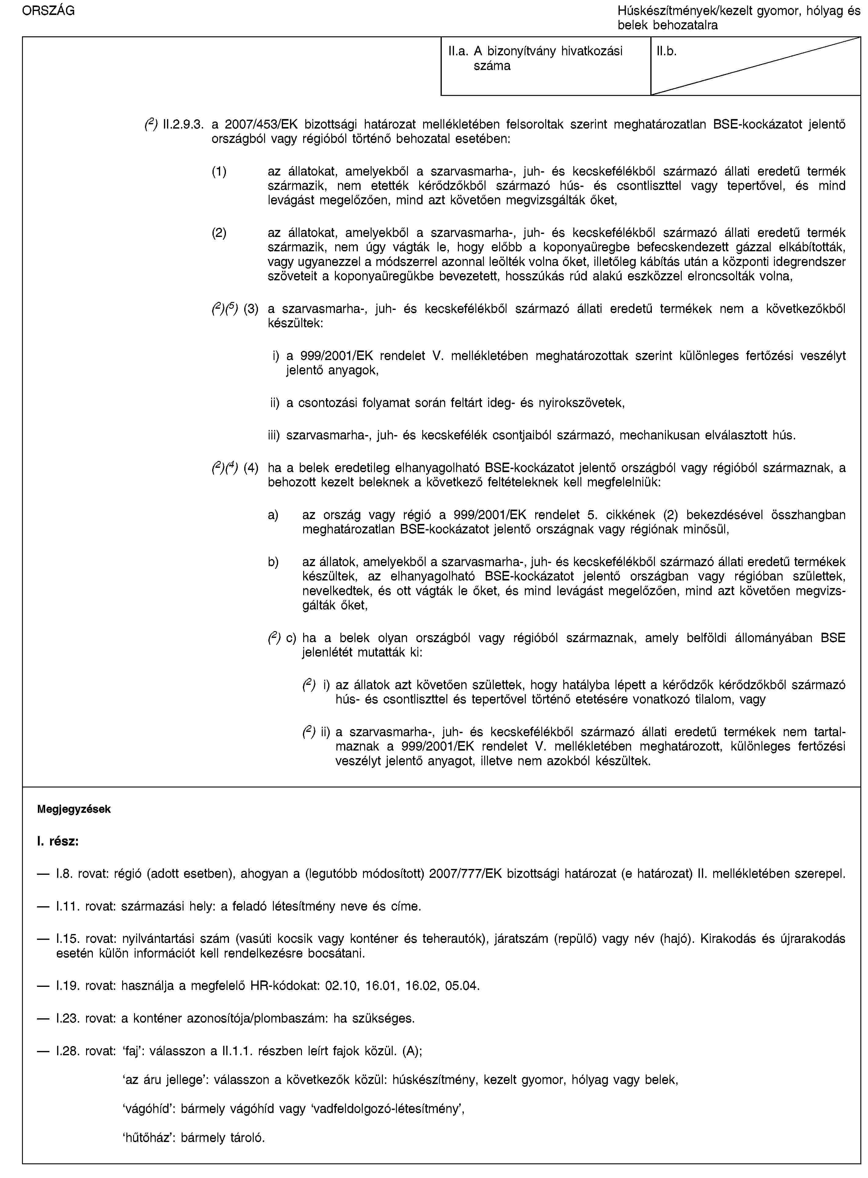 ORSZÁGHúskészítmények/kezelt gyomor, hólyag és belek behozatalraII.a. A bizonyítvány hivatkozási számaII.b.(2) II.2.9.3. a 2007/453/EK bizottsági határozat mellékletében felsoroltak szerint meghatározatlan BSE-kockázatot jelentő országból vagy régióból történő behozatal esetében:(1) az állatokat, amelyekből a szarvasmarha-, juh- és kecskefélékből származó állati eredetű termék származik, nem etették kérődzőkből származó hús- és csontliszttel vagy tepertővel, és mind levágást megelőzően, mind azt követően megvizsgálták őket,(2) az állatokat, amelyekből a szarvasmarha-, juh- és kecskefélékből származó állati eredetű termék származik, nem úgy vágták le, hogy előbb a koponyaüregbe befecskendezett gázzal elkábították, vagy ugyanezzel a módszerrel azonnal leölték volna őket, illetőleg kábítás után a központi idegrendszer szöveteit a koponyaüregükbe bevezetett, hosszúkás rúd alakú eszközzel elroncsolták volna,(2)(5) (3) a szarvasmarha-, juh- és kecskefélékből származó állati eredetű termékek nem a következőkből készültek:i) a 999/2001/EK rendelet V. mellékletében meghatározottak szerint különleges fertőzési veszélyt jelentő anyagok,ii) a csontozási folyamat során feltárt ideg- és nyirokszövetek,iii) szarvasmarha-, juh- és kecskefélék csontjaiból származó, mechanikusan elválasztott hús.(2)(4) (4) ha a belek eredetileg elhanyagolható BSE-kockázatot jelentő országból vagy régióból származnak, a behozott kezelt beleknek a következő feltételeknek kell megfelelniük:a) az ország vagy régió a 999/2001/EK rendelet 5. cikkének (2) bekezdésével összhangban meghatározatlan BSE-kockázatot jelentő országnak vagy régiónak minősül,b) az állatok, amelyekből a szarvasmarha-, juh- és kecskefélékből származó állati eredetű termékek készültek, az elhanyagolható BSE-kockázatot jelentő országban vagy régióban születtek, nevelkedtek, és ott vágták le őket, és mind levágást megelőzően, mind azt követően megvizsgálták őket,(2) c) ha a belek olyan országból vagy régióból származnak, amely belföldi állományában BSE jelenlétét mutatták ki:(2) i) az állatok azt követően születtek, hogy hatályba lépett a kérődzők kérődzőkből származó hús- és csontliszttel és tepertővel történő etetésére vonatkozó tilalom, vagy(2) ii) a szarvasmarha-, juh- és kecskefélékből származó állati eredetű termékek nem tartalmaznak a 999/2001/EK rendelet V. mellékletében meghatározott, különleges fertőzési veszélyt jelentő anyagot, illetve nem azokból készültek.MegjegyzésekI. rész:I.8. rovat: régió (adott esetben), ahogyan a (legutóbb módosított) 2007/777/EK bizottsági határozat (e határozat) II. mellékletében szerepel.I.11. rovat: származási hely: a feladó létesítmény neve és címe.I.15. rovat: nyilvántartási szám (vasúti kocsik vagy konténer és teherautók), járatszám (repülő) vagy név (hajó). Kirakodás és újrarakodás esetén külön információt kell rendelkezésre bocsátani.I.19. rovat: használja a megfelelő HR-kódokat: 02.10, 16.01, 16.02, 05.04.I.23. rovat: a konténer azonosítója/plombaszám: ha szükséges.I.28. rovat: ‘faj’: válasszon a II.1.1. részben leírt fajok közül. (A);‘az áru jellege’: válasszon a következők közül: húskészítmény, kezelt gyomor, hólyag vagy belek,‘vágóhíd’: bármely vágóhíd vagy ‘vadfeldolgozó-létesítmény’,‘hűtőház’: bármely tároló.