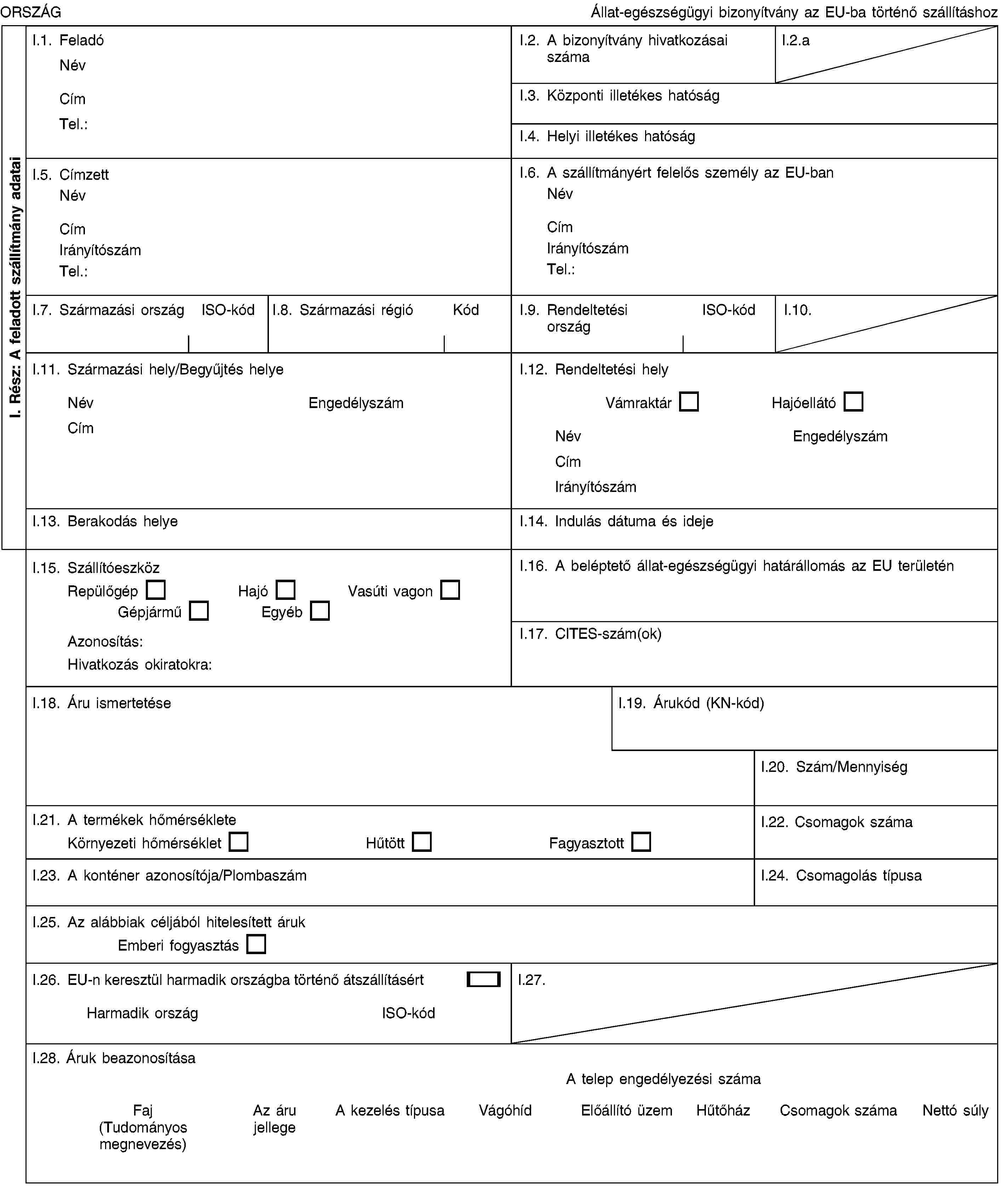 I. Rész: A feladott szállítmány adataiORSZÁGÁllat-egészségügyi bizonyítvány az EU-ba történő szállításhozI.1. FeladóNévCímTel.:I.2. A bizonyítvány hivatkozásai számaI.2.aI.3. Központi illetékes hatóságI.4. Helyi illetékes hatóságI.5. CímzettNévCímIrányítószámTel.:I.6. A szállítmányért felelős személy az EU-banNévCímIrányítószámTel.:I.7. Származási országISO-kódI.8. Származási régióKódI.9. Rendeltetési országISO-kódI.10.I.11. Származási hely/Begyűjtés helyeNévEngedélyszámCímI.12. Rendeltetési helyVámraktárHajóellátóNévEngedélyszámCímIrányítószámI.13. Berakodás helyeI.14. Indulás dátuma és idejeI.15. SzállítóeszközRepülőgépHajóVasúti vagonGépjárműEgyébAzonosítás:Hivatkozás okiratokra:I.16. A beléptető állat-egészségügyi határállomás az EU területénI.17. CITES-szám(ok)I.18. Áru ismertetéseI.19. Árukód (KN-kód)I.20. Szám/MennyiségI.21. A termékek hőmérsékleteKörnyezeti hőmérsékletHűtöttFagyasztottI.22. Csomagok számaI.23. A konténer azonosítója/PlombaszámI.24. Csomagolás típusaI.25. Az alábbiak céljából hitelesített árukEmberi fogyasztásI.26. EU-n keresztül harmadik országba történő átszállításértHarmadik országISO-kódI.27.I.28. Áruk beazonosításaA telep engedélyezési számaFaj (Tudományos megnevezés)Az áru jellegeA kezelés típusaVágóhídElőállító üzemHűtőházCsomagok számaNettó súly
