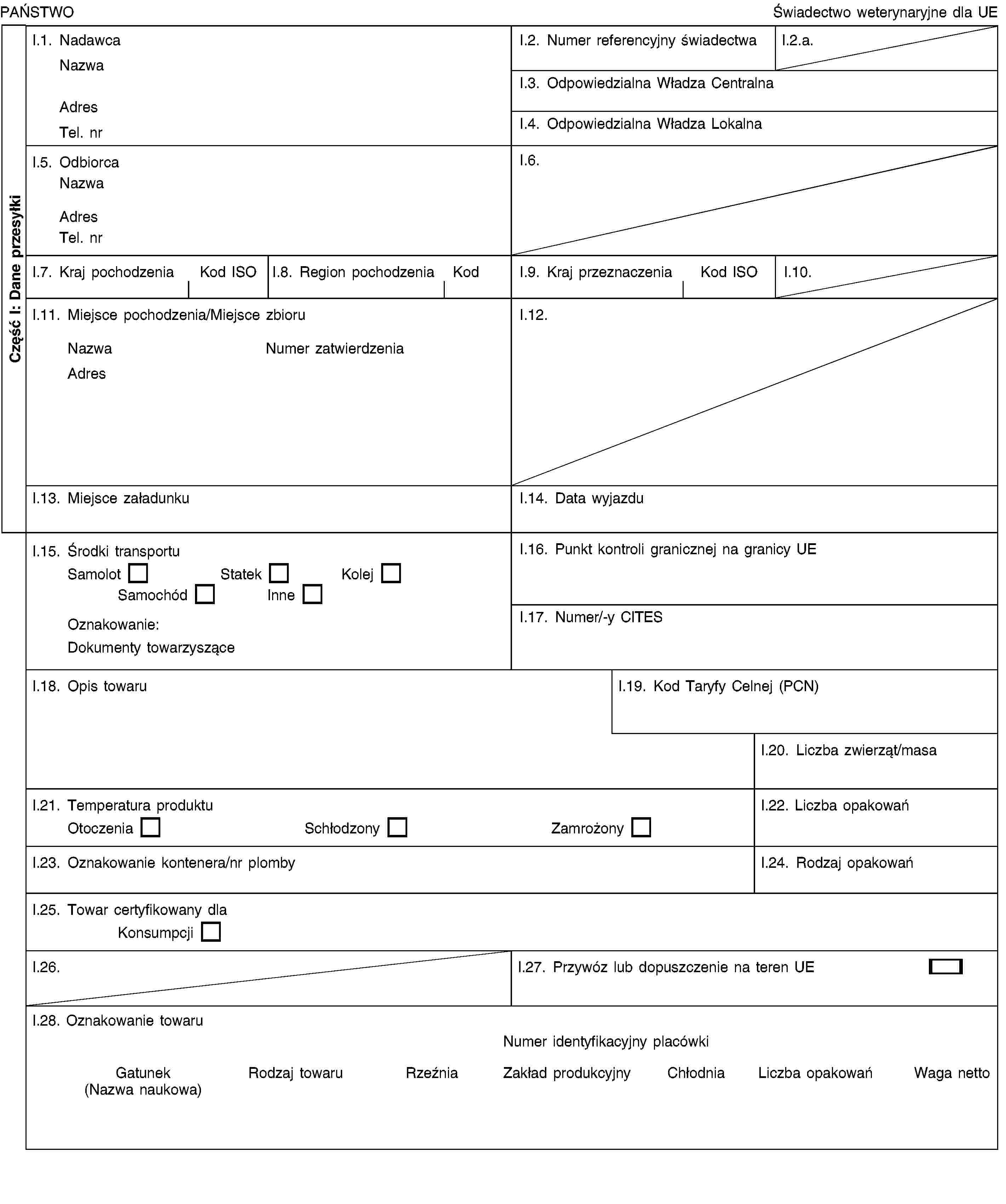 Część I: Dane przesyłkiPAŃSTWOŚwiadectwo weterynaryjne dla UEI.1. NadawcaNazwaAdresTel. nrI.2. Numer referencyjny świadectwaI.2.a.I.3. Odpowiedzialna Władza CentralnaI.4. Odpowiedzialna Władza LokalnaI.5. OdbiorcaNazwaAdresTel. nrI.6.I.7. Kraj pochodzeniaKod ISOI.8. Region pochodzeniaKodI.9. Kraj przeznaczeniaKod ISOI.10.I.11. Miejsce pochodzenia/Miejsce zbioruNazwaNumer zatwierdzeniaAdresI.12.I.13. Miejsce załadunkuI.14. Data wyjazduI.15. Środki transportuSamolotStatekKolejSamochódInneOznakowanie:Dokumenty towarzysząceI.16. Punkt kontroli granicznej na granicy UEI.17. Numer/-y CITESI.18. Opis towaruI.19. Kod Taryfy Celnej (PCN)I.20. Liczba zwierząt/masaI.21. Temperatura produktuOtoczeniaSchłodzonyZamrożonyI.22. Liczba opakowańI.23. Oznakowanie kontenera/nr plombyI.24. Rodzaj opakowańI.25. Towar certyfikowany dlaKonsumpcjiI.26.I.27. Przywóz lub dopuszczenie na teren UEI.28. Oznakowanie towaruNumer identyfikacyjny placówkiGatunek (Nazwa naukowa)Rodzaj towaruRzeźniaZakład produkcyjnyChłodniaLiczba opakowańWaga netto
