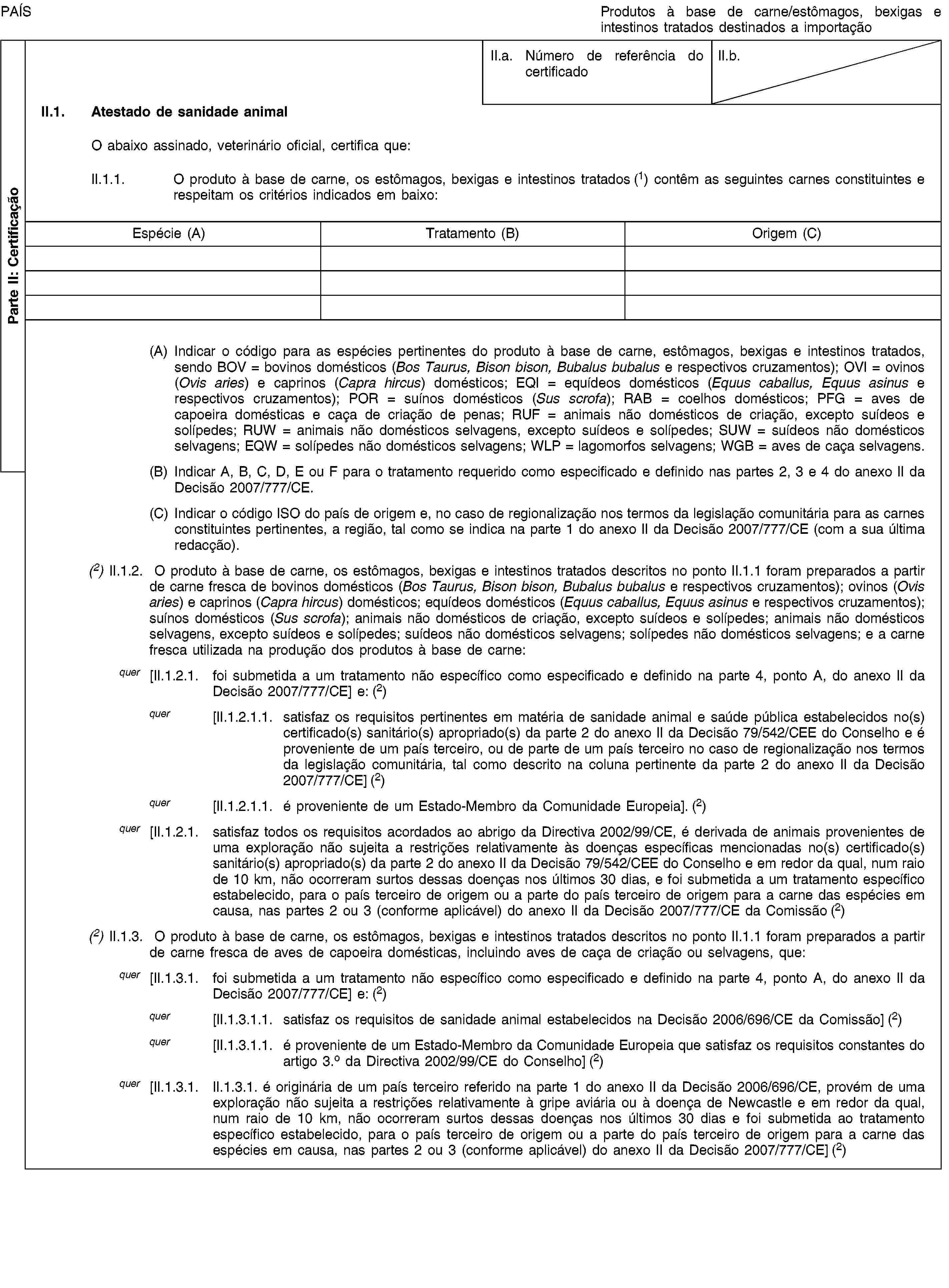 Parte II: CertificaçãoPAÍSProdutos à base de carne/estômagos, bexigas e intestinos tratados destinados a importaçãoII.a. Número de referência do certificadoII.b.II.1. Atestado de sanidade animalO abaixo assinado, veterinário oficial, certifica que:II.1.1. O produto à base de carne, os estômagos, bexigas e intestinos tratados (1) contêm as seguintes carnes constituintes e respeitam os critérios indicados em baixo:Espécie (A)Tratamento (B)Origem (C)(A) Indicar o código para as espécies pertinentes do produto à base de carne, estômagos, bexigas e intestinos tratados, sendo BOV = bovinos domésticos (Bos Taurus, Bison bison, Bubalus bubalus e respectivos cruzamentos); OVI = ovinos (Ovis aries) e caprinos (Capra hircus) domésticos; EQI = equídeos domésticos (Equus caballus, Equus asinus e respectivos cruzamentos); POR = suínos domésticos (Sus scrofa); RAB = coelhos domésticos; PFG = aves de capoeira domésticas e caça de criação de penas; RUF = animais não domésticos de criação, excepto suídeos e solípedes; RUW = animais não domésticos selvagens, excepto suídeos e solípedes; SUW = suídeos não domésticos selvagens; EQW = solípedes não domésticos selvagens; WLP = lagomorfos selvagens; WGB = aves de caça selvagens.(B) Indicar A, B, C, D, E ou F para o tratamento requerido como especificado e definido nas partes 2, 3 e 4 do anexo II da Decisão 2007/777/CE.(C) Indicar o código ISO do país de origem e, no caso de regionalização nos termos da legislação comunitária para as carnes constituintes pertinentes, a região, tal como se indica na parte 1 do anexo II da Decisão 2007/777/CE (com a sua última redacção).(2) II.1.2. O produto à base de carne, os estômagos, bexigas e intestinos tratados descritos no ponto II.1.1 foram preparados a partir de carne fresca de bovinos domésticos (Bos Taurus, Bison bison, Bubalus bubalus e respectivos cruzamentos); ovinos (Ovis aries) e caprinos (Capra hircus) domésticos; equídeos domésticos (Equus caballus, Equus asinus e respectivos cruzamentos); suínos domésticos (Sus scrofa); animais não domésticos de criação, excepto suídeos e solípedes; animais não domésticos selvagens, excepto suídeos e solípedes; suídeos não domésticos selvagens; solípedes não domésticos selvagens; e a carne fresca utilizada na produção dos produtos à base de carne:quer [II.1.2.1. foi submetida a um tratamento não específico como especificado e definido na parte 4, ponto A, do anexo II da Decisão 2007/777/CE] e: (2)quer [II.1.2.1.1. satisfaz os requisitos pertinentes em matéria de sanidade animal e saúde pública estabelecidos no(s) certificado(s) sanitário(s) apropriado(s) da parte 2 do anexo II da Decisão 79/542/CEE do Conselho e é proveniente de um país terceiro, ou de parte de um país terceiro no caso de regionalização nos termos da legislação comunitária, tal como descrito na coluna pertinente da parte 2 do anexo II da Decisão 2007/777/CE] (2)quer [II.1.2.1.1. é proveniente de um Estado-Membro da Comunidade Europeia]. (2)quer [II.1.2.1. satisfaz todos os requisitos acordados ao abrigo da Directiva 2002/99/CE, é derivada de animais provenientes de uma exploração não sujeita a restrições relativamente às doenças específicas mencionadas no(s) certificado(s) sanitário(s) apropriado(s) da parte 2 do anexo II da Decisão 79/542/CEE do Conselho e em redor da qual, num raio de 10 km, não ocorreram surtos dessas doenças nos últimos 30 dias, e foi submetida a um tratamento específico estabelecido, para o país terceiro de origem ou a parte do país terceiro de origem para a carne das espécies em causa, nas partes 2 ou 3 (conforme aplicável) do anexo II da Decisão 2007/777/CE da Comissão (2)(2) II.1.3. O produto à base de carne, os estômagos, bexigas e intestinos tratados descritos no ponto II.1.1 foram preparados a partir de carne fresca de aves de capoeira domésticas, incluindo aves de caça de criação ou selvagens, que:quer [II.1.3.1. foi submetida a um tratamento não específico como especificado e definido na parte 4, ponto A, do anexo II da Decisão 2007/777/CE] e: (2)quer [II.1.3.1.1. satisfaz os requisitos de sanidade animal estabelecidos na Decisão 2006/696/CE da Comissão] (2)quer [II.1.3.1.1. é proveniente de um Estado-Membro da Comunidade Europeia que satisfaz os requisitos constantes do artigo 3.o da Directiva 2002/99/CE do Conselho] (2)quer [II.1.3.1. II.1.3.1. é originária de um país terceiro referido na parte 1 do anexo II da Decisão 2006/696/CE, provém de uma exploração não sujeita a restrições relativamente à gripe aviária ou à doença de Newcastle e em redor da qual, num raio de 10 km, não ocorreram surtos dessas doenças nos últimos 30 dias e foi submetida ao tratamento específico estabelecido, para o país terceiro de origem ou a parte do país terceiro de origem para a carne das espécies em causa, nas partes 2 ou 3 (conforme aplicável) do anexo II da Decisão 2007/777/CE] (2)