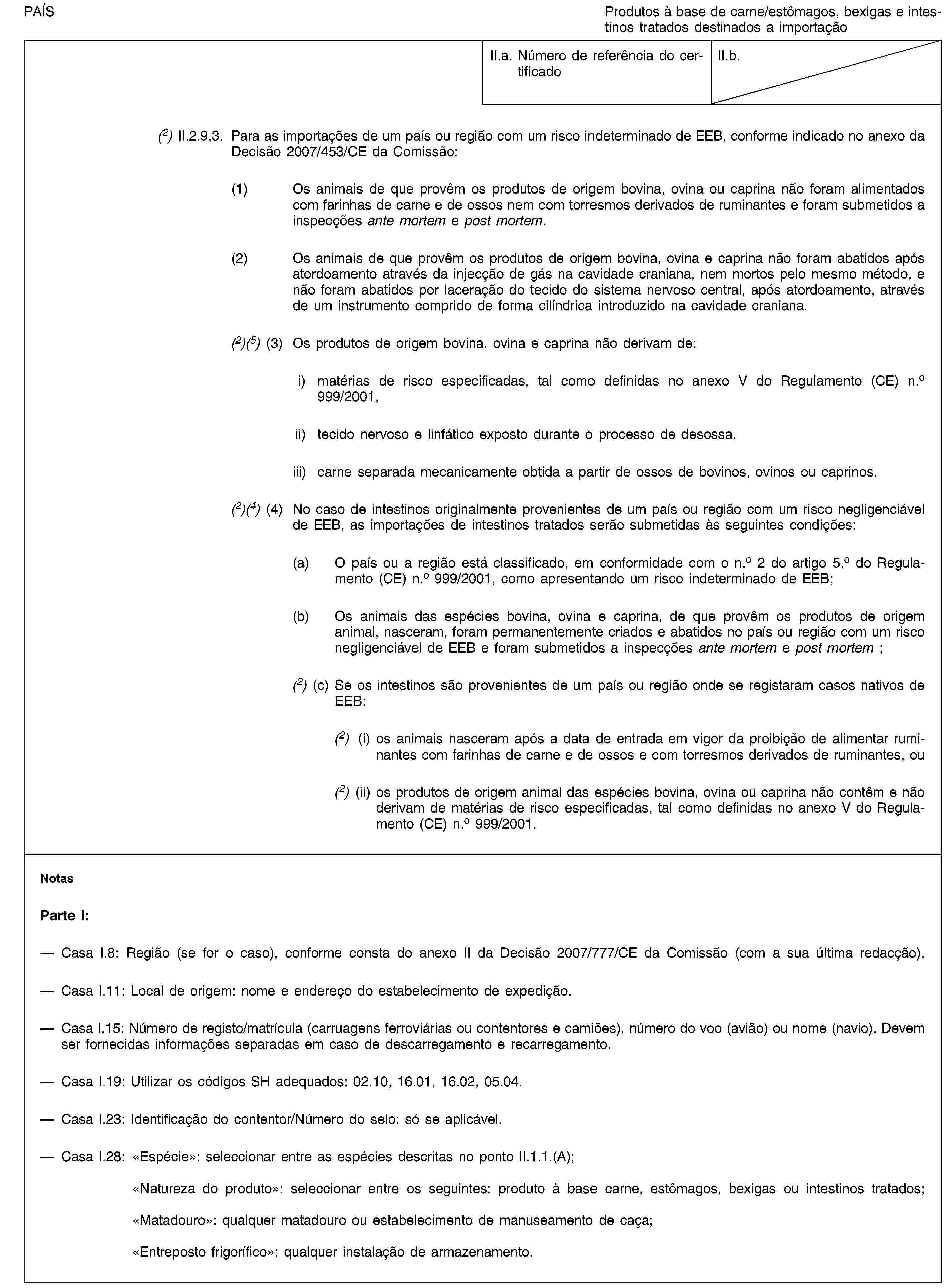 PAÍSProdutos à base de carne/estômagos, bexigas e intestinos tratados destinados a importaçãoII.a. Número de referência do certificadoII.b.(2) II.2.9.3. Para as importações de um país ou região com um risco indeterminado de EEB, conforme indicado no anexo da Decisão 2007/453/CE da Comissão:(1) Os animais de que provêm os produtos de origem bovina, ovina ou caprina não foram alimentados com farinhas de carne e de ossos nem com torresmos derivados de ruminantes e foram submetidos a inspecções ante mortem e post mortem.(2) Os animais de que provêm os produtos de origem bovina, ovina e caprina não foram abatidos após atordoamento através da injecção de gás na cavidade craniana, nem mortos pelo mesmo método, e não foram abatidos por laceração do tecido do sistema nervoso central, após atordoamento, através de um instrumento comprido de forma cilíndrica introduzido na cavidade craniana.(2)(5) (3) Os produtos de origem bovina, ovina e caprina não derivam de:i) matérias de risco especificadas, tal como definidas no anexo V do Regulamento (CE) n.o 999/2001,ii) tecido nervoso e linfático exposto durante o processo de desossa,iii) carne separada mecanicamente obtida a partir de ossos de bovinos, ovinos ou caprinos.(2)(4) (4) No caso de intestinos originalmente provenientes de um país ou região com um risco negligenciável de EEB, as importações de intestinos tratados serão submetidas às seguintes condições:(a) O país ou a região está classificado, em conformidade com o n.o 2 do artigo 5.o do Regulamento (CE) n.o 999/2001, como apresentando um risco indeterminado de EEB;(b) Os animais das espécies bovina, ovina e caprina, de que provêm os produtos de origem animal, nasceram, foram permanentemente criados e abatidos no país ou região com um risco negligenciável de EEB e foram submetidos a inspecções ante mortem e post mortem;(2) (c) Se os intestinos são provenientes de um país ou região onde se registaram casos nativos de EEB:(2) (i) os animais nasceram após a data de entrada em vigor da proibição de alimentar ruminantes com farinhas de carne e de ossos e com torresmos derivados de ruminantes, ou(2) (ii) os produtos de origem animal das espécies bovina, ovina ou caprina não contêm e não derivam de matérias de risco especificadas, tal como definidas no anexo V do Regulamento (CE) n.o 999/2001.NotasParte I:Casa I.8: Região (se for o caso), conforme consta do anexo II da Decisão 2007/777/CE da Comissão (com a sua última redacção).Casa I.11: Local de origem: nome e endereço do estabelecimento de expedição.Casa I.15: Número de registo/matrícula (carruagens ferroviárias ou contentores e camiões), número do voo (avião) ou nome (navio). Devem ser fornecidas informações separadas em caso de descarregamento e recarregamento.Casa I.19: Utilizar os códigos SH adequados: 02.10, 16.01, 16.02, 05.04.Casa I.23: Identificação do contentor/Número do selo: só se aplicável.Casa I.28: «Espécie»: seleccionar entre as espécies descritas no ponto II.1.1.(A);«Natureza do produto»: seleccionar entre os seguintes: produto à base carne, estômagos, bexigas ou intestinos tratados;«Matadouro»: qualquer matadouro ou estabelecimento de manuseamento de caça;«Entreposto frigorífico»: qualquer instalação de armazenamento.