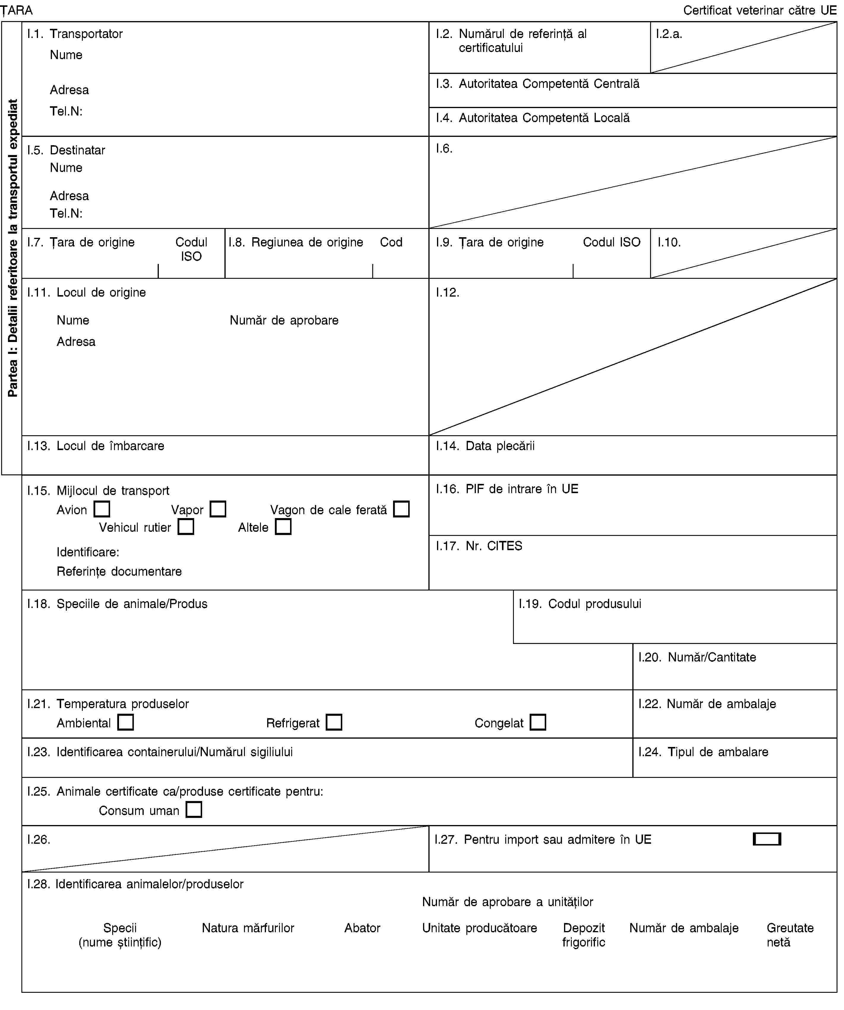 Partea I: Detalii referitoare la transportul expediatȚARACertificat veterinar către UEI.1. TransportatorNumeAdresaTel.N:I.2. Numărul de referință al certificatuluiI.2.a.I.3. Autoritatea Competentă CentralăI.4. Autoritatea Competentă LocalăI.5. DestinatarNumeAdresaTel.N:I.6.I.7. Țara de origineCodul ISOI.8. Regiunea de origineCodI.9. Țara de origineCodul ISOI.10.I.11. Locul de origineNumeNumăr de aprobareAdresaI.12.I.13. Locul de îmbarcareI.14. Data plecăriiI.15. Mijlocul de transportAvionVaporVagon de cale feratăVehicul rutierAlteleIdentificare:Referințe documentareI.16. PIF de intrare în UEI.17. Nr. CITESI.18. Speciile de animale/ProdusI.19. Codul produsuluiI.20. Număr/CantitateI.21. Temperatura produselorAmbientalRefrigeratCongelatI.22. Număr de ambalajeI.23. Identificarea containerului/Numărul sigiliuluiI.24. Tipul de ambalareI.25. Animale certificate ca/produse certificate pentru:Consum umanI.26.I.27. Pentru import sau admitere în UEI.28. Identificarea animalelor/produselorNumăr de aprobare a unitățilorSpecii (nume științific)Natura mărfurilorAbatorUnitate producătoareDepozit frigorificNumăr de ambalajeGreutate netă