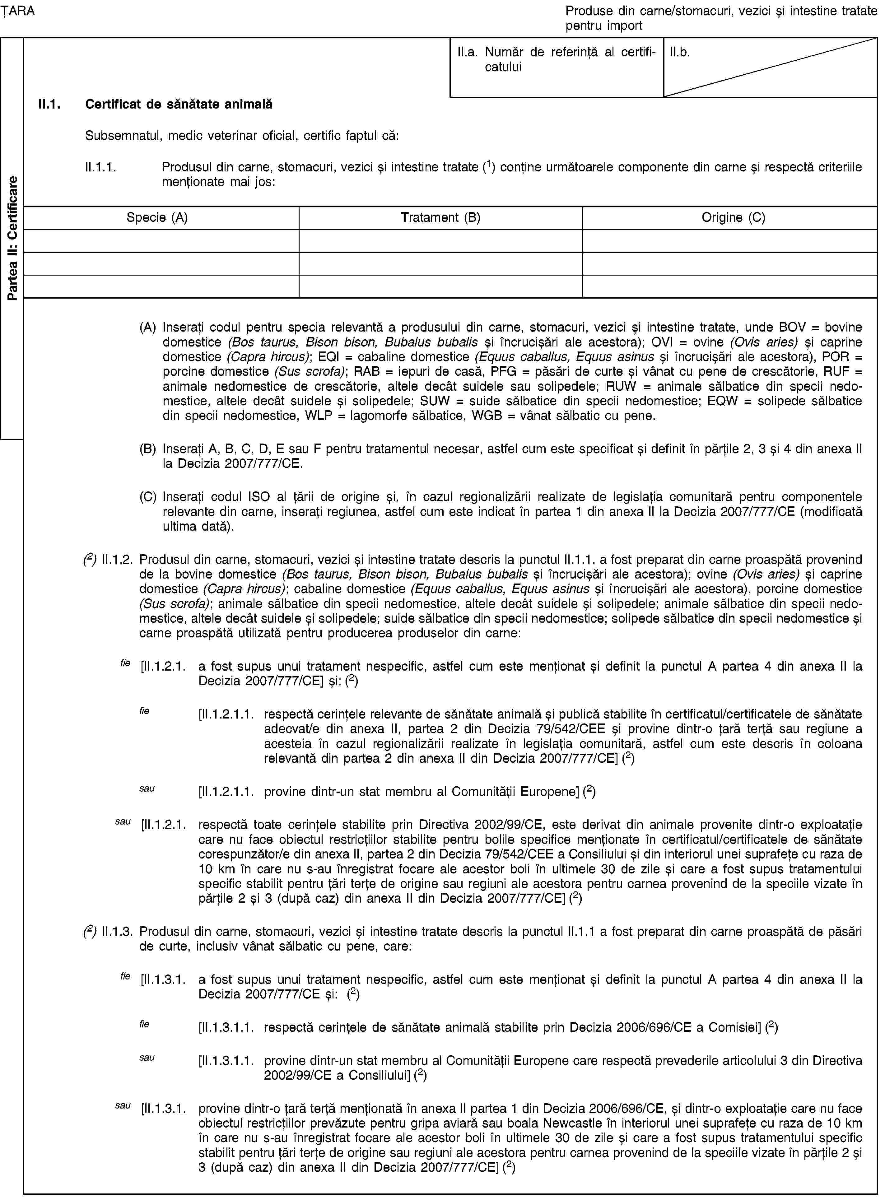 Partea II: CertificareȚARAProduse din carne/stomacuri, vezici și intestine tratate pentru importII.a. Număr de referință al certificatuluiII.b.II.1. Certificat de sănătate animalăSubsemnatul, medic veterinar oficial, certific faptul că:II.1.1. Produsul din carne, stomacuri, vezici și intestine tratate (1) conține următoarele componente din carne și respectă criteriile menționate mai jos:Specie (A)Tratament (B)Origine (C)(A) Inserați codul pentru specia relevantă a produsului din carne, stomacuri, vezici și intestine tratate, unde BOV = bovine domestice (Bos taurus, Bison bison, Bubalus bubalis și încrucișări ale acestora); OVI = ovine (Ovis aries) și caprine domestice (Capra hircus); EQI = cabaline domestice (Equus caballus, Equus asinus și încrucișări ale acestora), POR = porcine domestice (Sus scrofa); RAB = iepuri de casă, PFG = păsări de curte și vânat cu pene de crescătorie, RUF = animale nedomestice de crescătorie, altele decât suidele sau solipedele; RUW = animale sălbatice din specii nedomestice, altele decât suidele și solipedele; SUW = suide sălbatice din specii nedomestice; EQW = solipede sălbatice din specii nedomestice, WLP = lagomorfe sălbatice, WGB = vânat sălbatic cu pene.(B) Inserați A, B, C, D, E sau F pentru tratamentul necesar, astfel cum este specificat și definit în părțile 2, 3 și 4 din anexa II la Decizia 2007/777/CE.(C) Inserați codul ISO al țării de origine și, în cazul regionalizării realizate de legislația comunitară pentru componentele relevante din carne, inserați regiunea, astfel cum este indicat în partea 1 din anexa II la Decizia 2007/777/CE (modificată ultima dată).(2) II.1.2. Produsul din carne, stomacuri, vezici și intestine tratate descris la punctul II.1.1. a fost preparat din carne proaspătă provenind de la bovine domestice (Bos taurus, Bison bison, Bubalus bubalis și încrucișări ale acestora); ovine (Ovis aries) și caprine domestice (Capra hircus); cabaline domestice (Equus caballus, Equus asinus și încrucișări ale acestora), porcine domestice (Sus scrofa); animale sălbatice din specii nedomestice, altele decât suidele și solipedele; animale sălbatice din specii nedomestice, altele decât suidele și solipedele; suide sălbatice din specii nedomestice; solipede sălbatice din specii nedomestice și carne proaspătă utilizată pentru producerea produselor din carne:fie [II.1.2.1. a fost supus unui tratament nespecific, astfel cum este menționat și definit la punctul A partea 4 din anexa II la Decizia 2007/777/CE] și: (2)fie [II.1.2.1.1. respectă cerințele relevante de sănătate animală și publică stabilite în certificatul/certificatele de sănătate adecvat/e din anexa II, partea 2 din Decizia 79/542/CEE și provine dintr-o țară terță sau regiune a acesteia în cazul regionalizării realizate în legislația comunitară, astfel cum este descris în coloana relevantă din partea 2 din anexa II din Decizia 2007/777/CE] (2)sau [II.1.2.1.1. provine dintr-un stat membru al Comunității Europene] (2)sau [II.1.2.1. respectă toate cerințele stabilite prin Directiva 2002/99/CE, este derivat din animale provenite dintr-o exploatație care nu face obiectul restricțiilor stabilite pentru bolile specifice menționate în certificatul/certificatele de sănătate corespunzător/e din anexa II, partea 2 din Decizia 79/542/CEE a Consiliului și din interiorul unei suprafețe cu raza de 10 km în care nu s-au înregistrat focare ale acestor boli în ultimele 30 de zile și care a fost supus tratamentului specific stabilit pentru țări terțe de origine sau regiuni ale acestora pentru carnea provenind de la speciile vizate în părțile 2 și 3 (după caz) din anexa II din Decizia 2007/777/CE] (2)(2) II.1.3. Produsul din carne, stomacuri, vezici și intestine tratate descris la punctul II.1.1 a fost preparat din carne proaspătă de păsări de curte, inclusiv vânat sălbatic cu pene, care:fie [II.1.3.1. a fost supus unui tratament nespecific, astfel cum este menționat și definit la punctul A partea 4 din anexa II la Decizia 2007/777/CE și: (2)fie [II.1.3.1.1. respectă cerințele de sănătate animală stabilite prin Decizia 2006/696/CE a Comisiei] (2)sau [II.1.3.1.1. provine dintr-un stat membru al Comunității Europene care respectă prevederile articolului 3 din Directiva 2002/99/CE a Consiliului] (2)sau [II.1.3.1. provine dintr-o țară terță menționată în anexa II partea 1 din Decizia 2006/696/CE, și dintr-o exploatație care nu face obiectul restricțiilor prevăzute pentru gripa aviară sau boala Newcastle în interiorul unei suprafețe cu raza de 10 km în care nu s-au înregistrat focare ale acestor boli în ultimele 30 de zile și care a fost supus tratamentului specific stabilit pentru țări terțe de origine sau regiuni ale acestora pentru carnea provenind de la speciile vizate în părțile 2 și 3 (după caz) din anexa II din Decizia 2007/777/CE] (2)